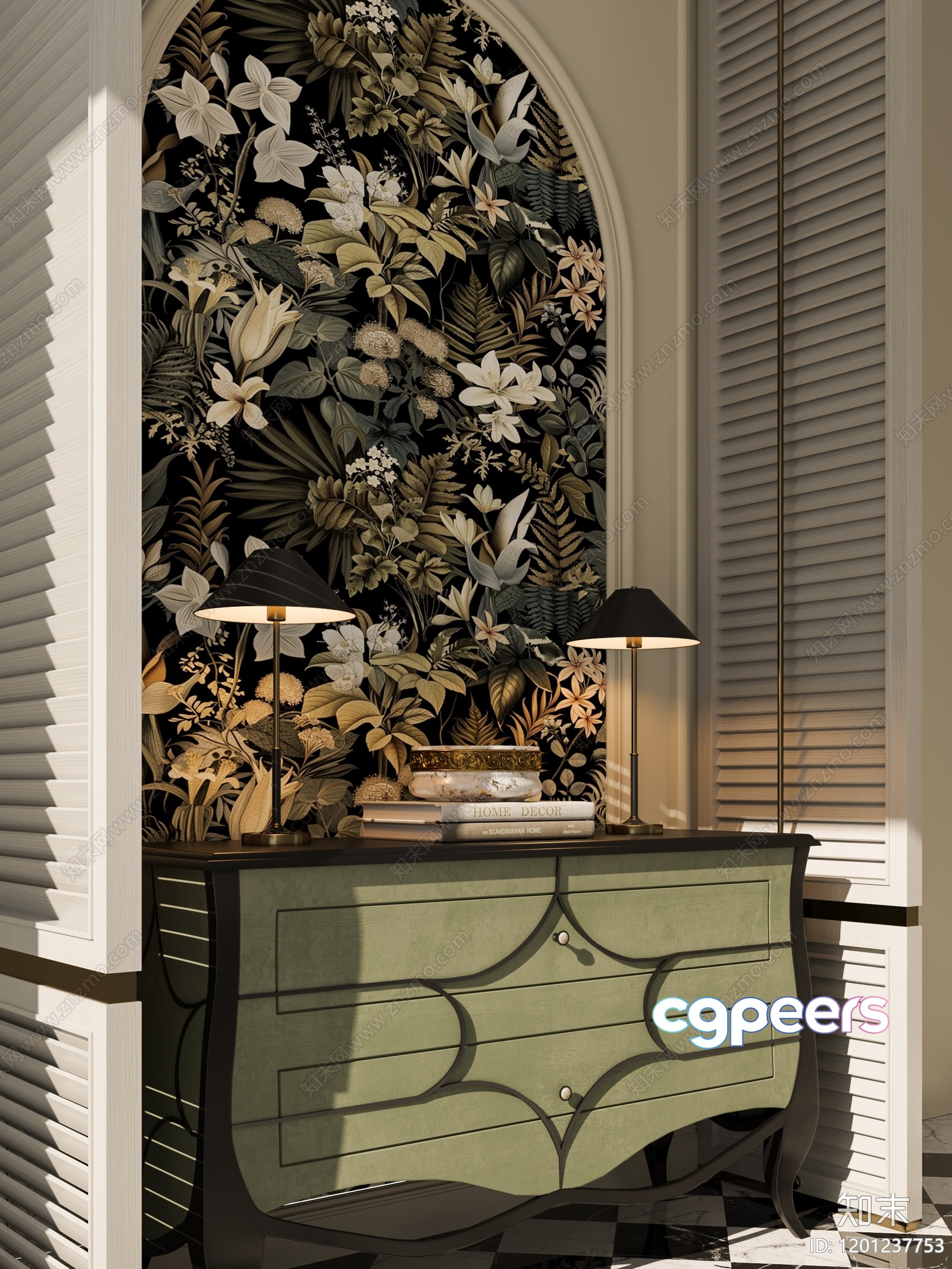 A Dresser With A Floral Wallpaper 3D Model - 5552 - CORONA Render