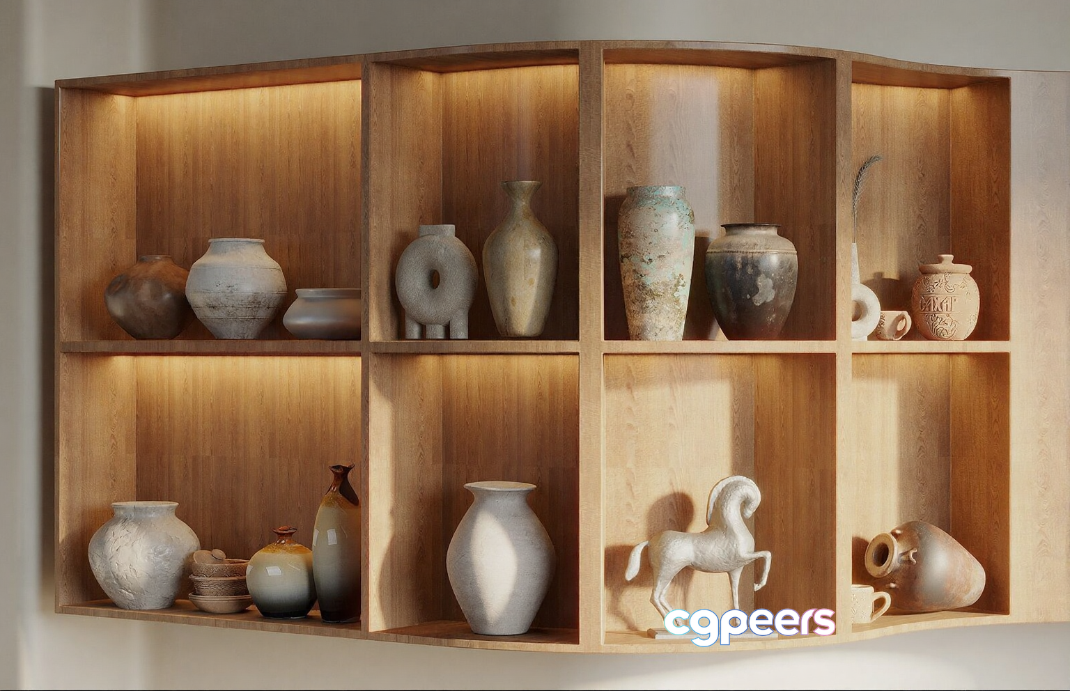 A Wooden Shelf With Various Vases And Decorative Items 3D Model - 14585 - VRAY Render