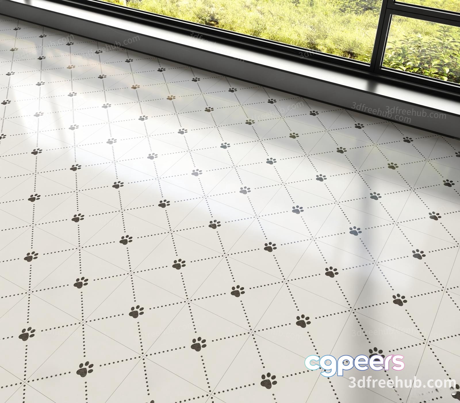 The Image Features A Room With A White Floor Adorned With Black Paw Prints 3D Model - 20909 - VRAY Render
