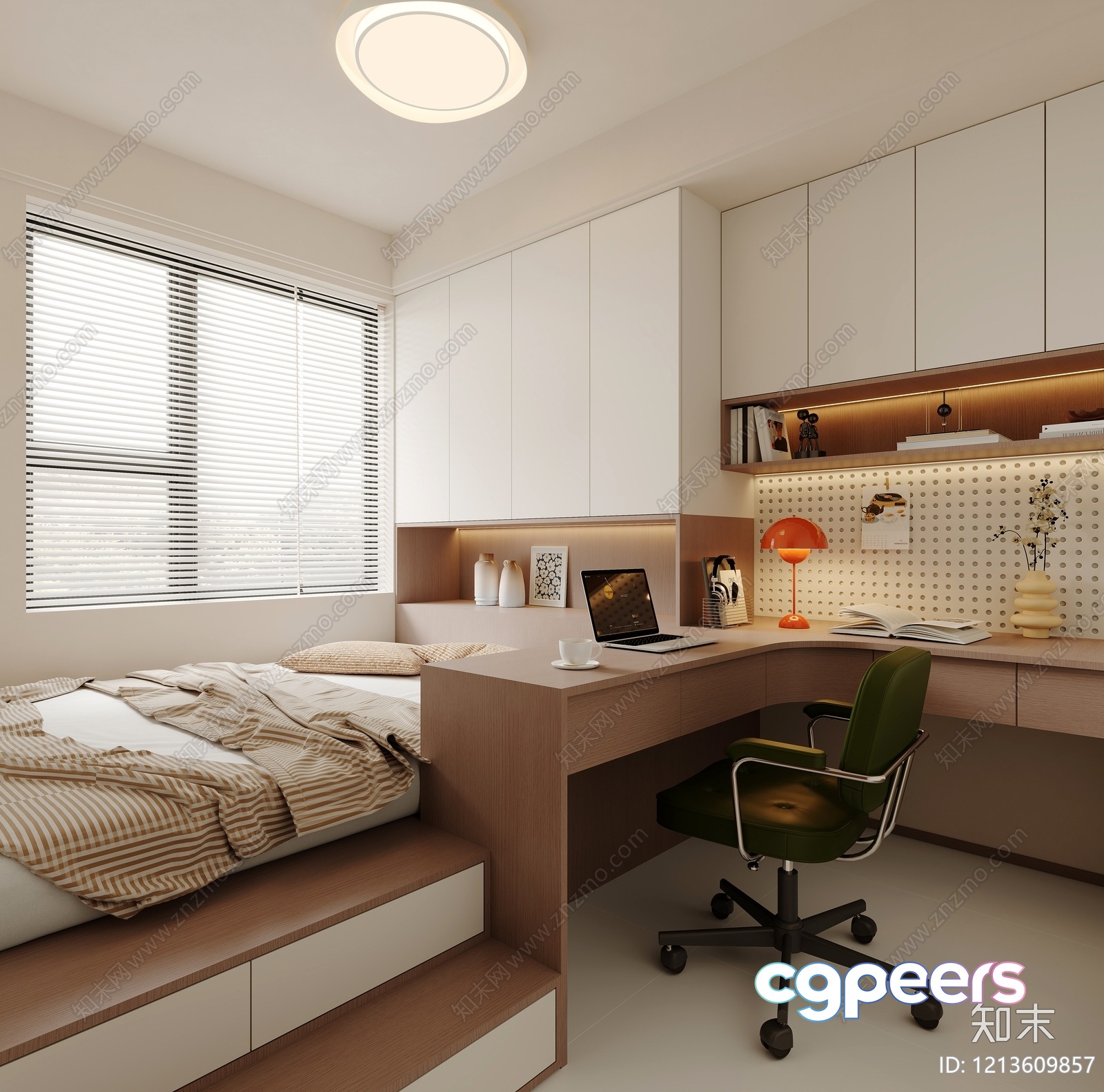 Cozy Bedroom With A Desk 3D Model - 7907 - VRAY Render