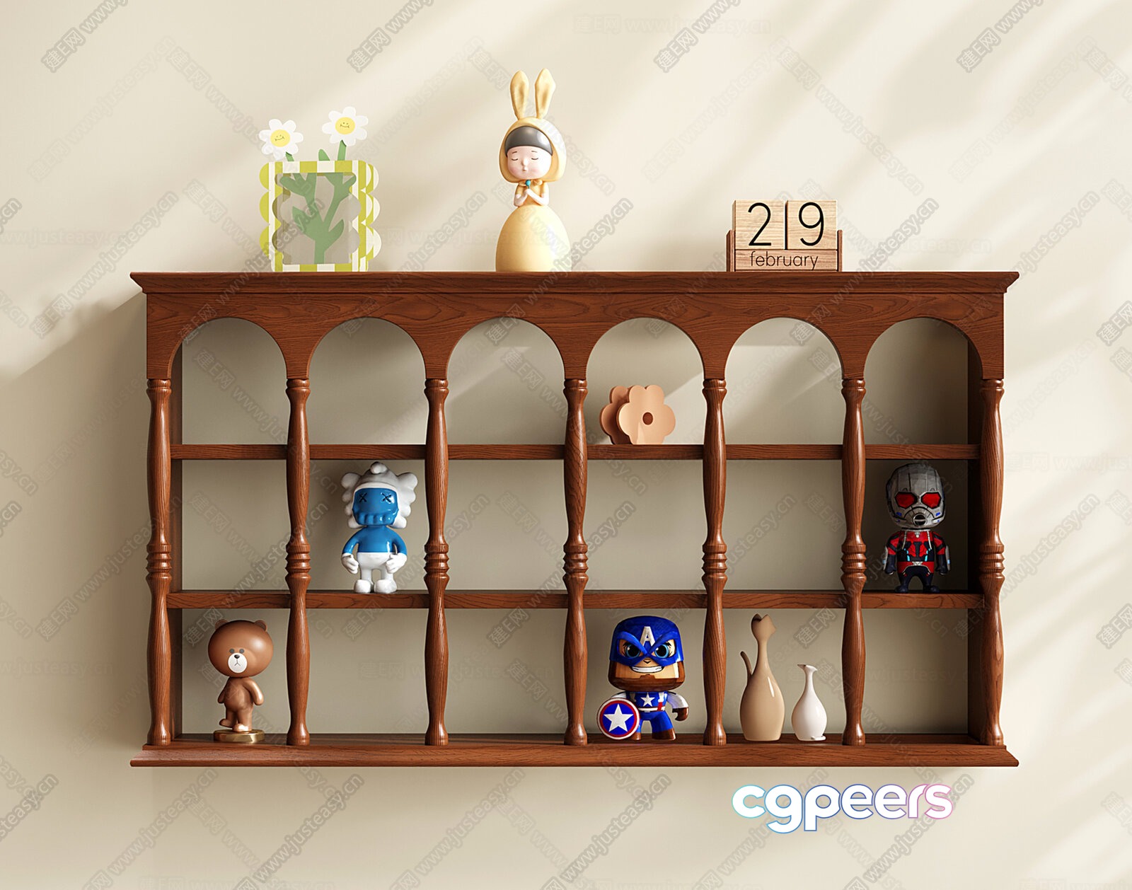 A Wooden Shelf With Decorative Items 3D Model - 17073 - VRAY Render A Wooden Shelf With Decorative Items 3D Model - 17073 - VRAY Render