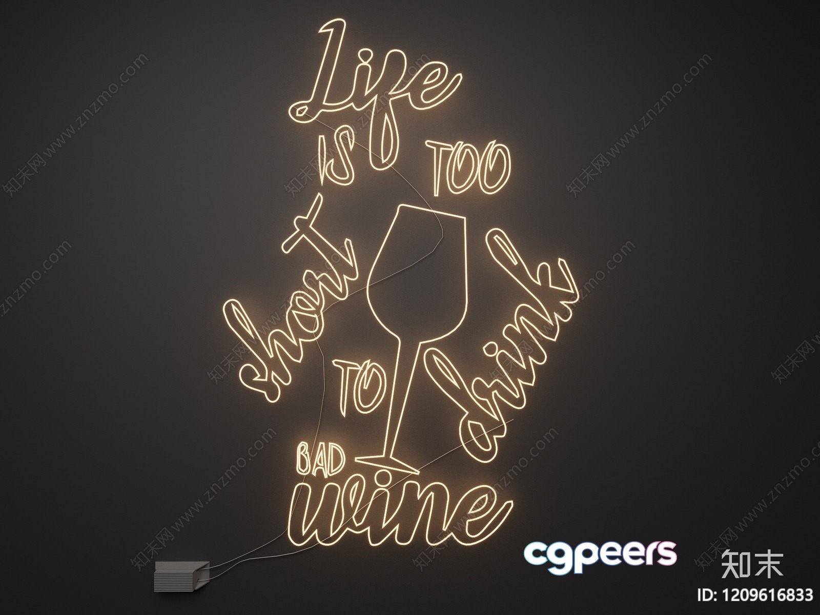 A Neon Sign With A Wine Glass And The Phrase Life Is Too Short 3D Model - 1360 - VRAY Render A Neon Sign With A Wine Glass And The Phrase Life Is Too Short 3D Model - 1360 - VRAY Render