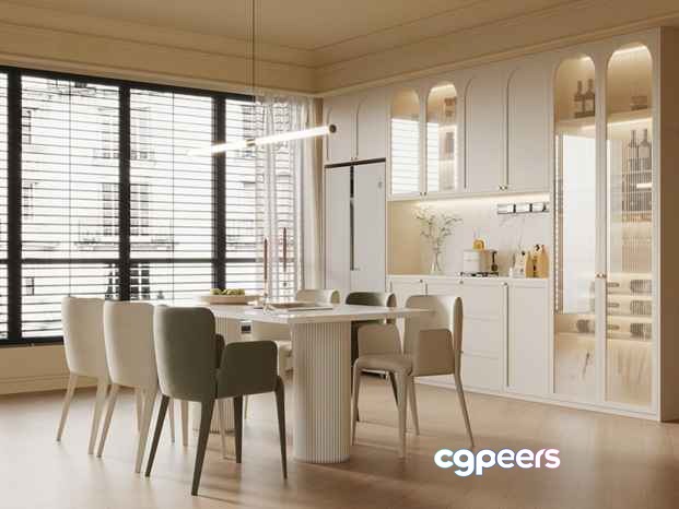 Modern White Dining Room 3D Model - 4047 - VRAY Render Modern White Dining Room 3D Model - 4047 - VRAY Render