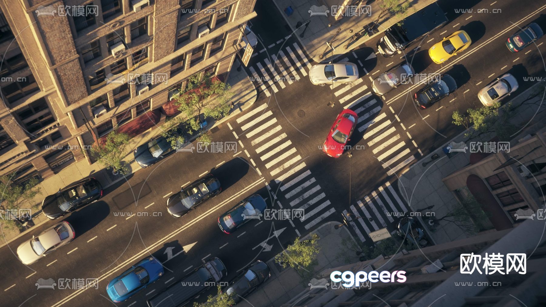 A Busy City Street With Cars And Buildings 3D Model - 8113 - VRAY Render