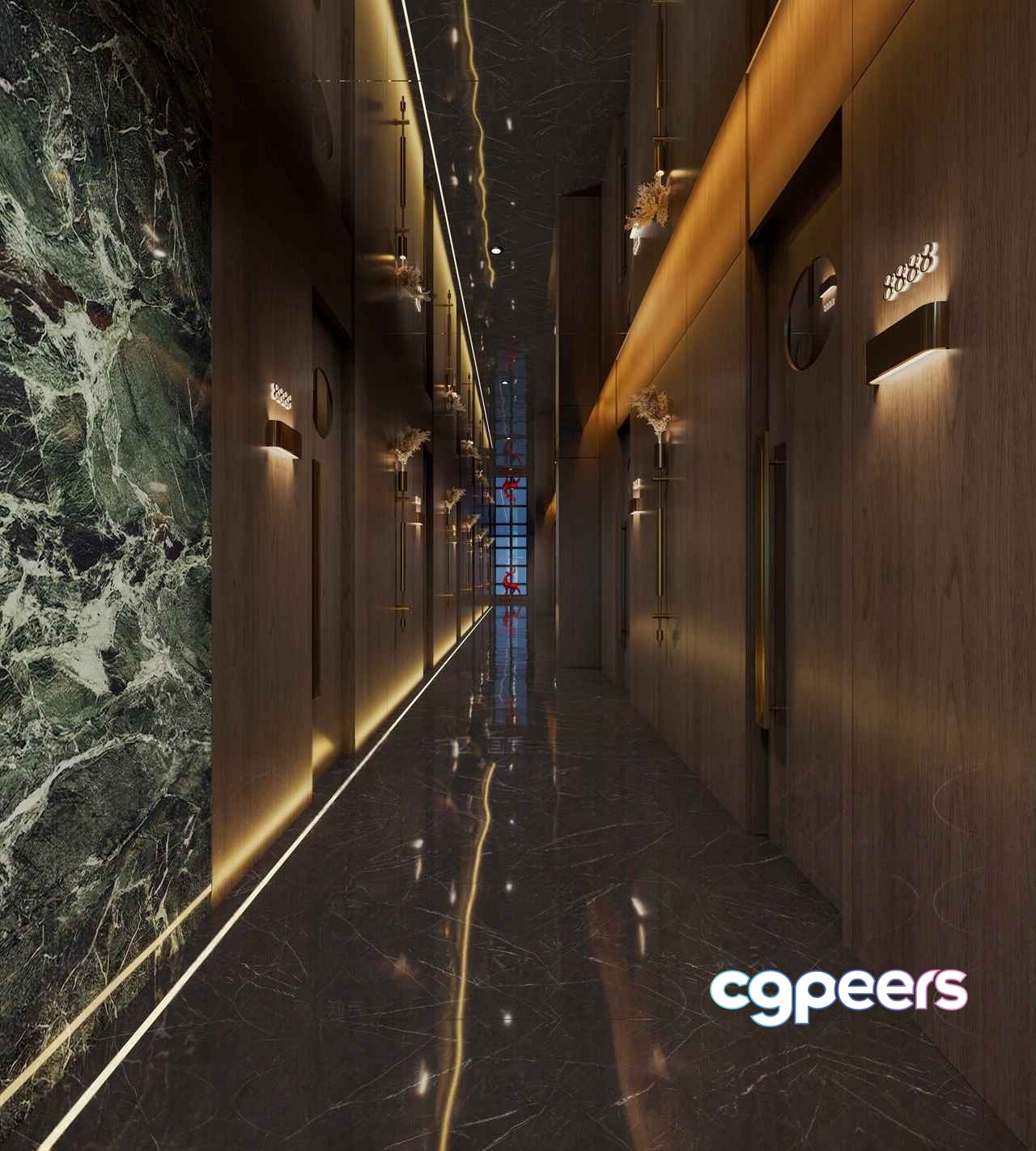 A Long Hallway With Marble Floors And Walls 3D Model - 11645 - CORONA Render
