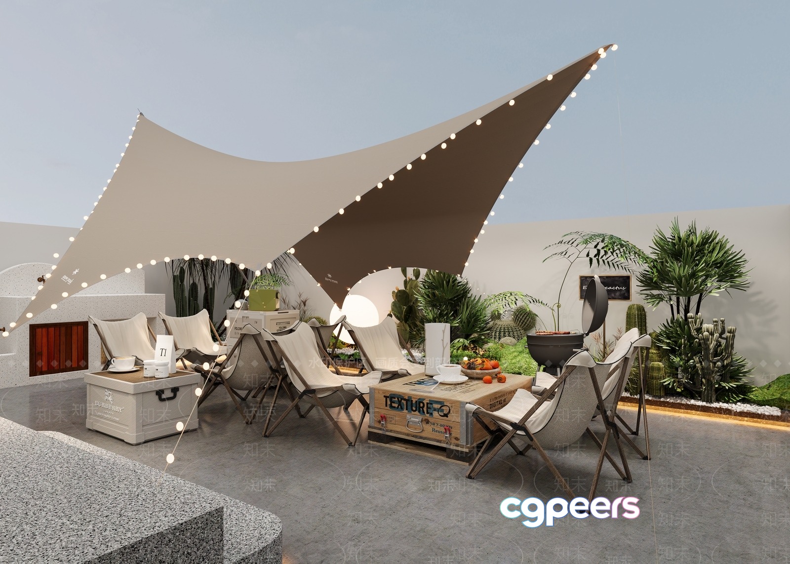 Outdoor Seating Area With A Unique Shade Structure 3D Model - 14720 - VRAY Render