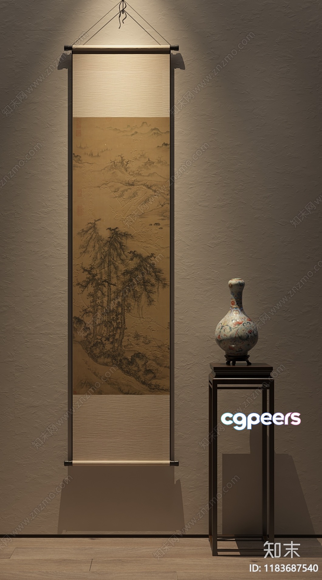 A Chinese-Style Scroll Hanging On A Wall 3D Model - 17922 - VRAY Render