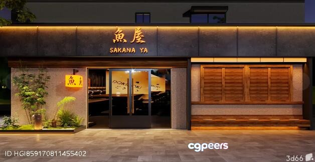 A Japanese Restaurant Storefront With A Sign That Reads Sakana Ya 3D Model - 17965 - VRAY Render