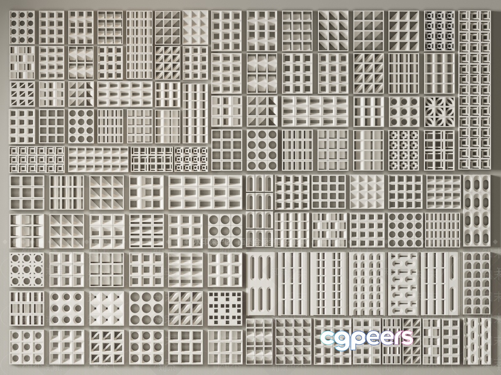 A Large Grid Of White Tiles With Various Patterns And Designs 3D Model - 1315 - VRAY Render