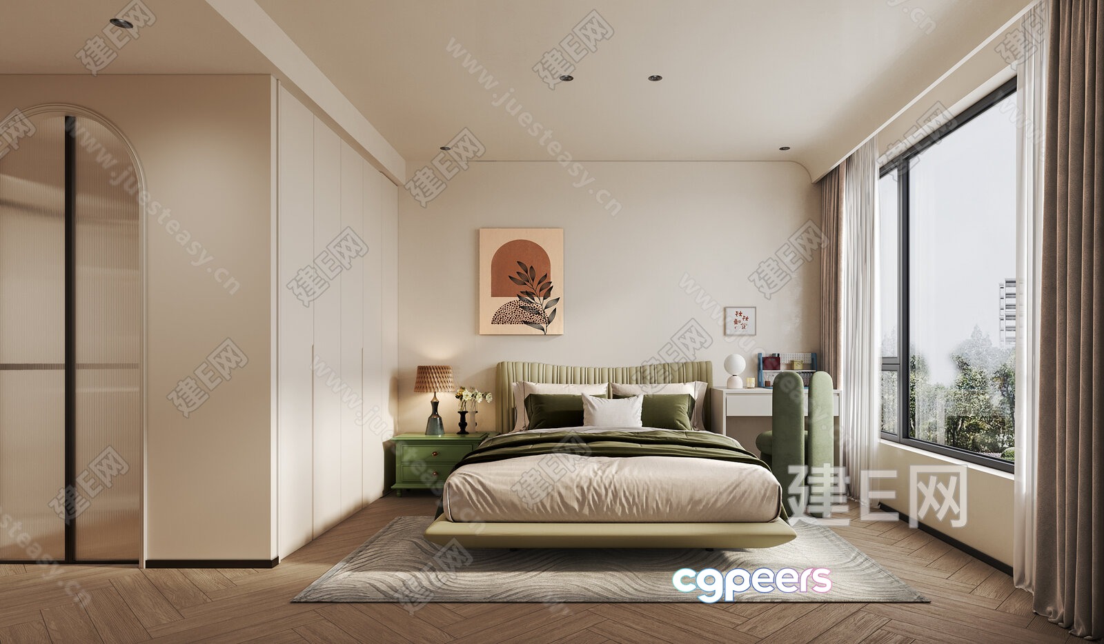 A Bedroom With A Green Bed 3D Model - 3155 - VRAY Render