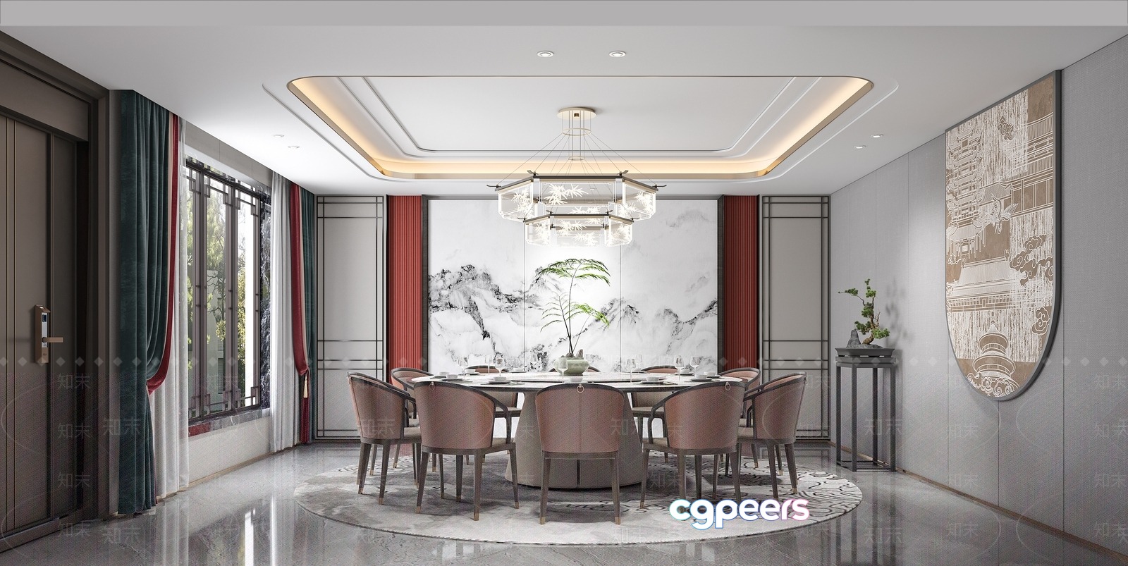A Large Dining Room With A Round Table 3D Model - 12304 - CORONA Render