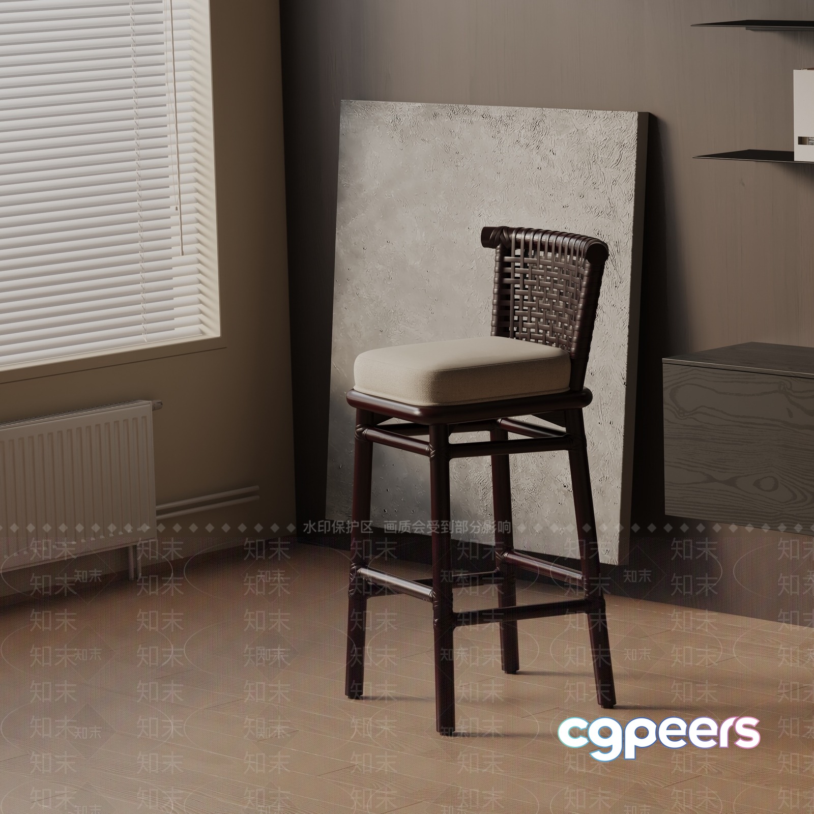 A Brown Wooden Chair With A Beige Seat Cushion 3D Model - 1635 - VRAY Render