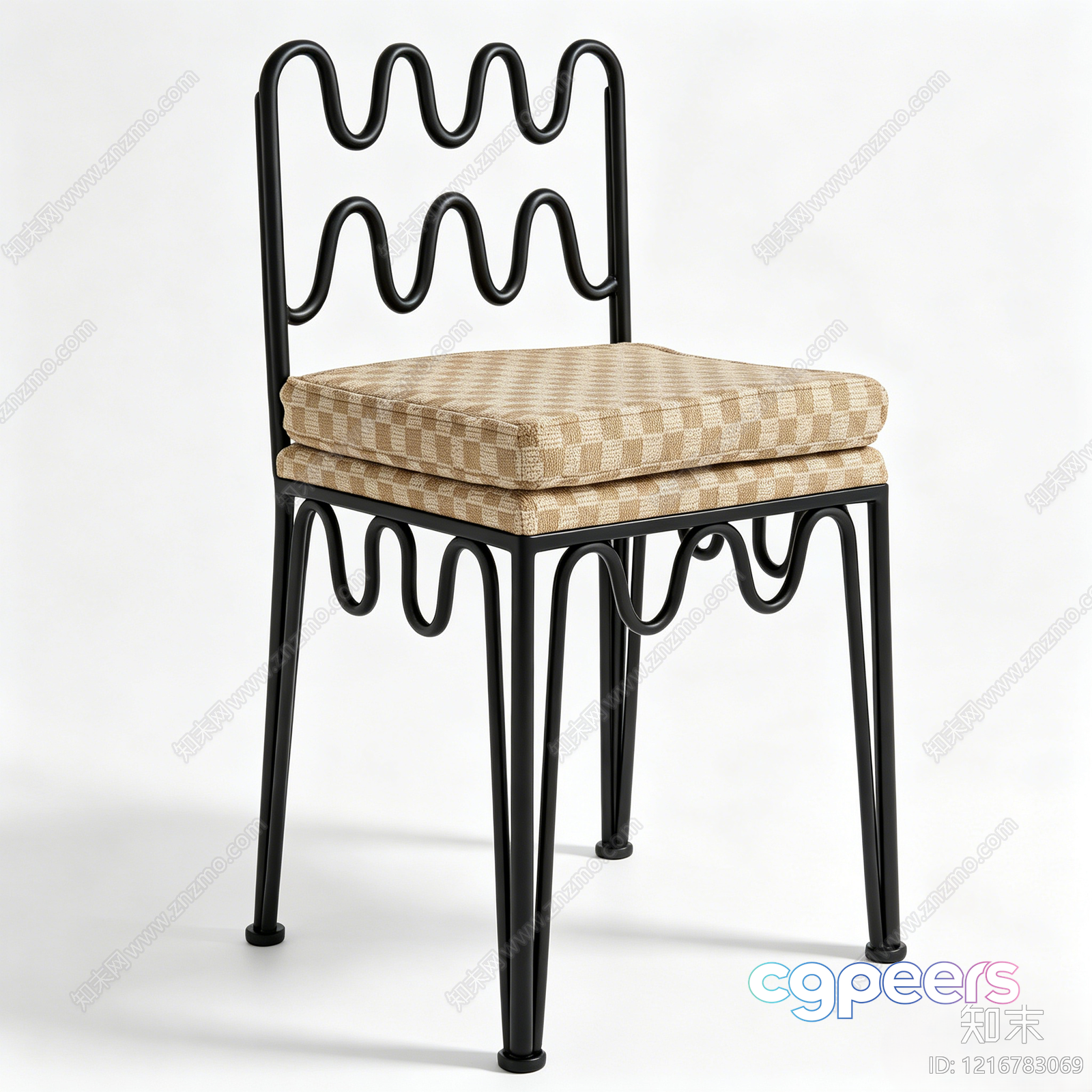 A Black Metal Chair With A Tan And White Checkered Cushion 3D Model - 15806 - VRAY Render