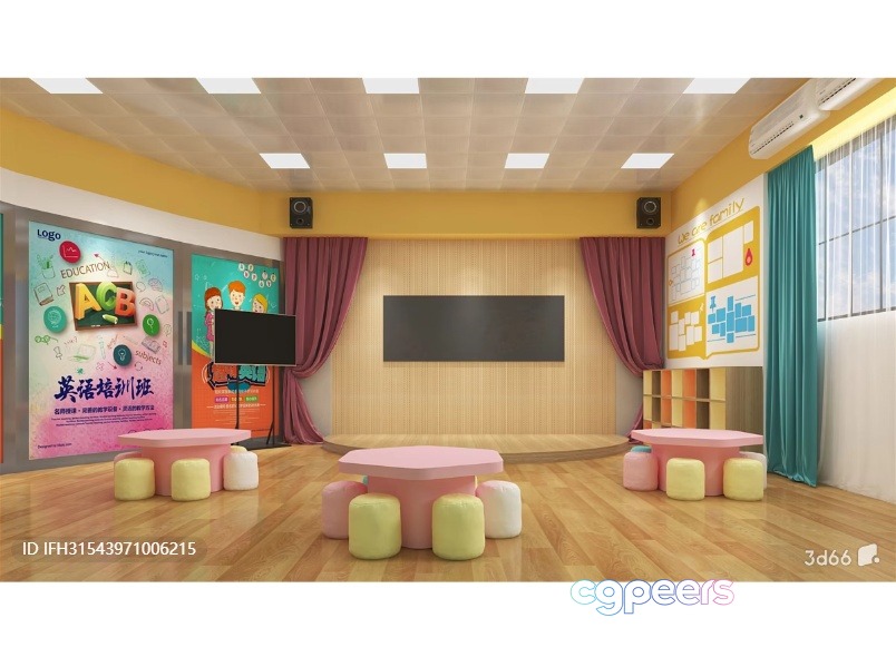 A Classroom With A Tv And Tables 3D Model - 6465 - VRAY Render A Classroom With A Tv And Tables 3D Model - 6465 - VRAY Render