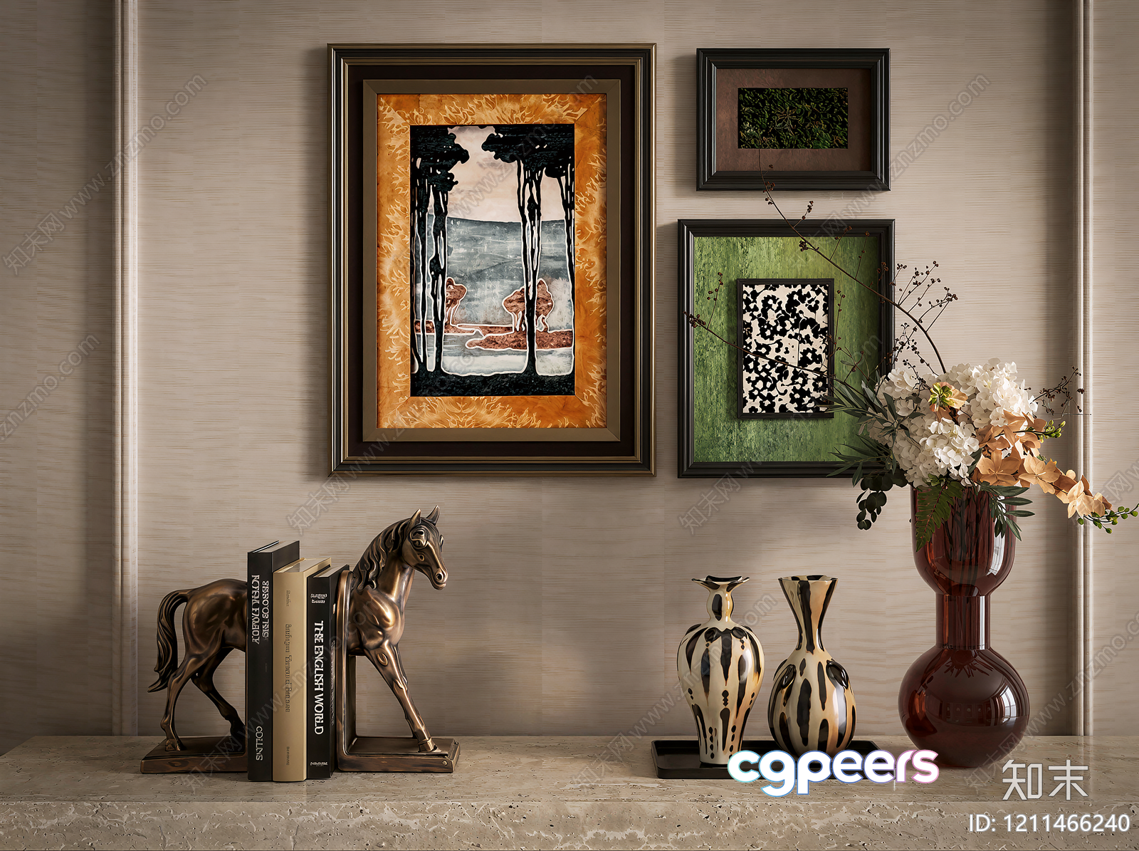 A Framed Art Piece With A Horse Statue And Vases 3D Model - 3896 - VRAY Render