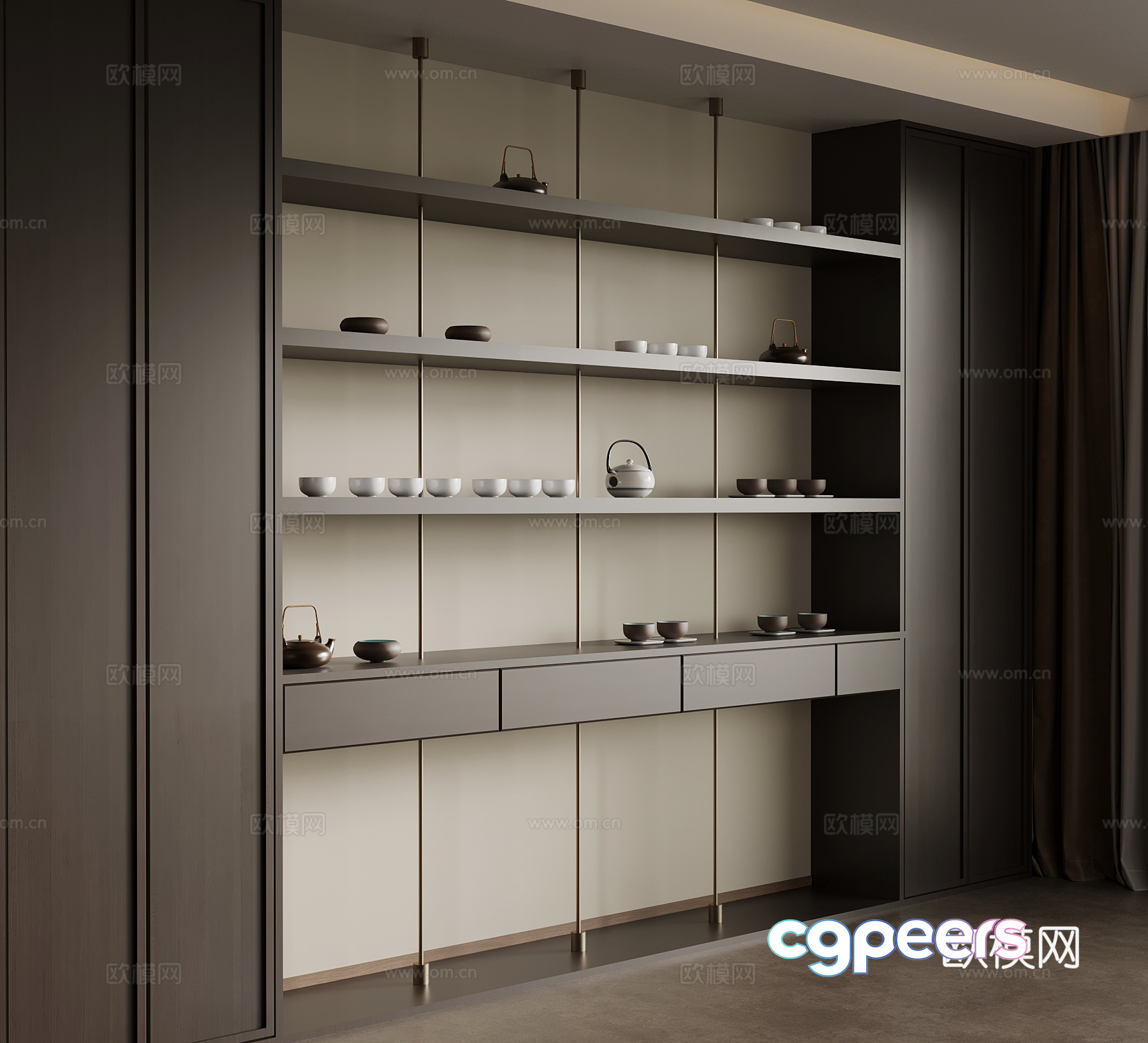 A Modern Kitchen With A Built-In Shelving Unit 3D Model - 12209 - VRAY Render A Modern Kitchen With A Built-In Shelving Unit 3D Model - 12209 - VRAY Render