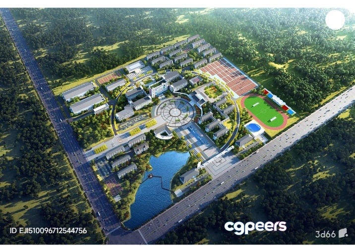 Aerial View Of A Large Building Complex With A Road And Trees 3D Model - 6287 - VRAY Render Aerial View Of A Large Building Complex With A Road And Trees 3D Model - 6287 - VRAY Render