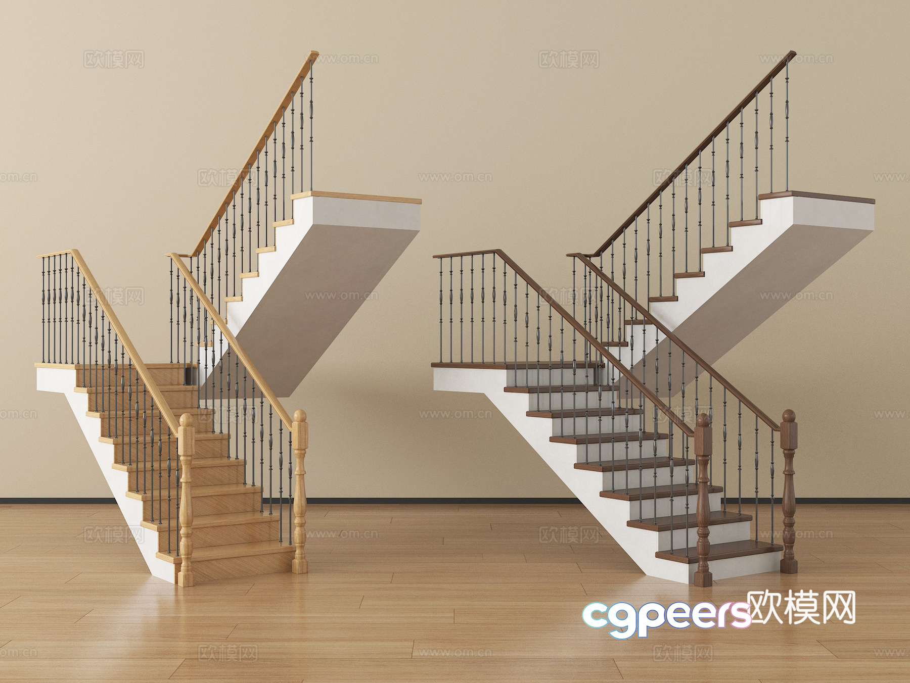 Two Sets Of Wooden Stairs With Metal Railings 3D Model - 17371 - VRAY Render Two Sets Of Wooden Stairs With Metal Railings 3D Model - 17371 - VRAY Render