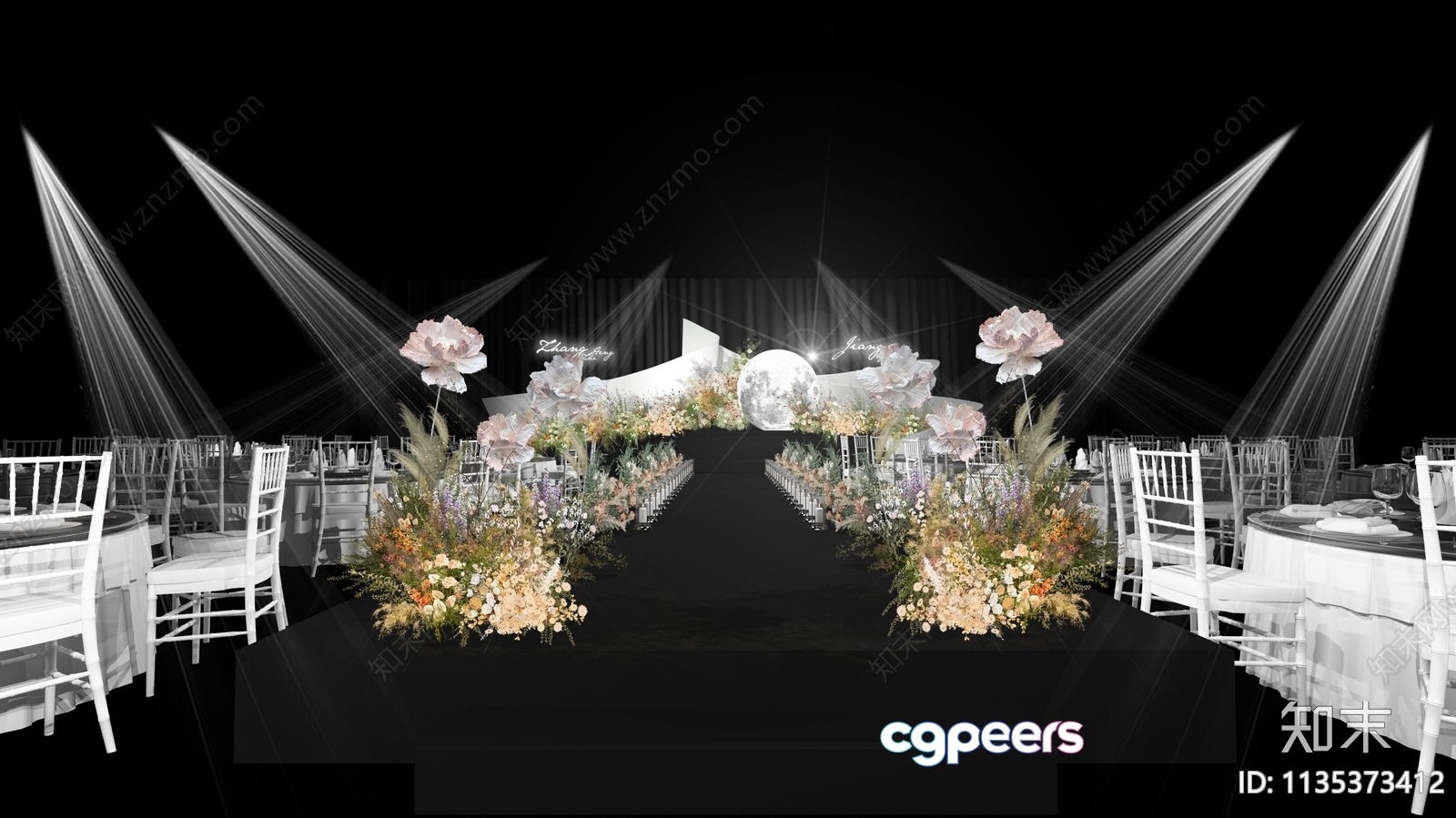 A Stage With A Floral Arrangement And White Chairs 3D Model - 14060 - VRAY Render