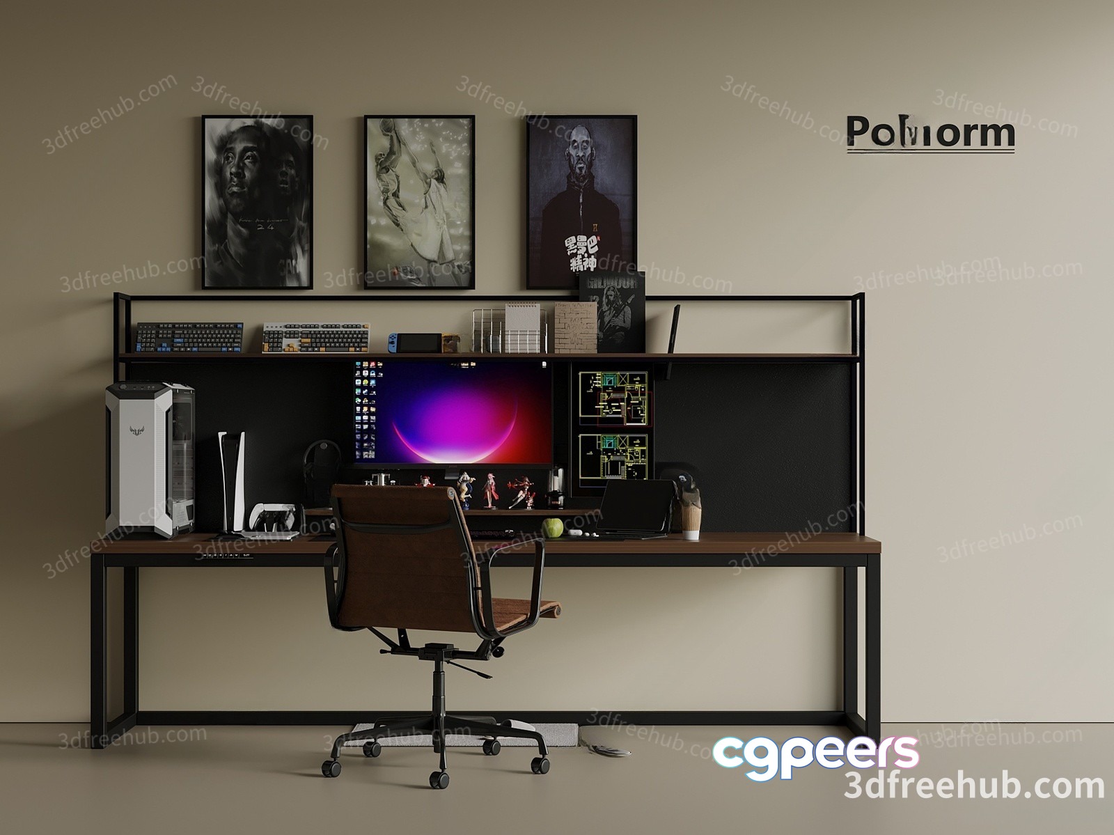 A Computer Desk With A Chair 3D Model - 22294 - VRAY Render