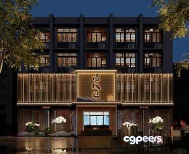A Large Building At Night 3D Model - 1384 - VRAY Render A Large Building At Night 3D Model - 1384 - VRAY Render