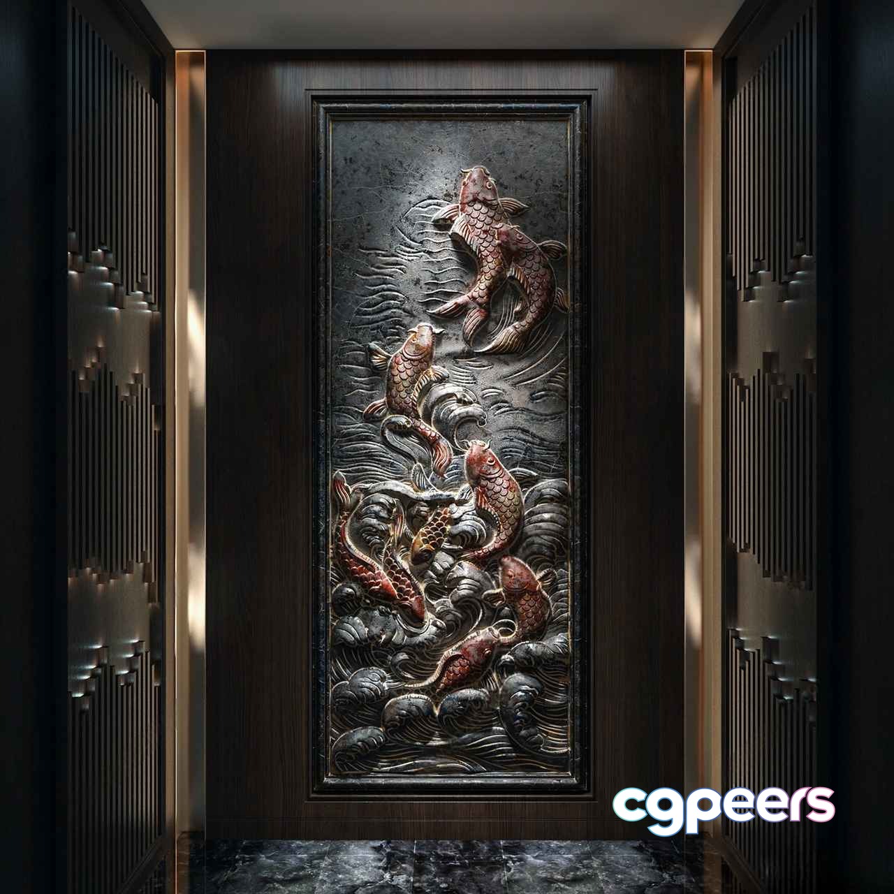 A Large Intricately Carved Wooden Panel With Fish Designs 3D Model - 13549 - VRAY Render A Large Intricately Carved Wooden Panel With Fish Designs 3D Model - 13549 - VRAY Render