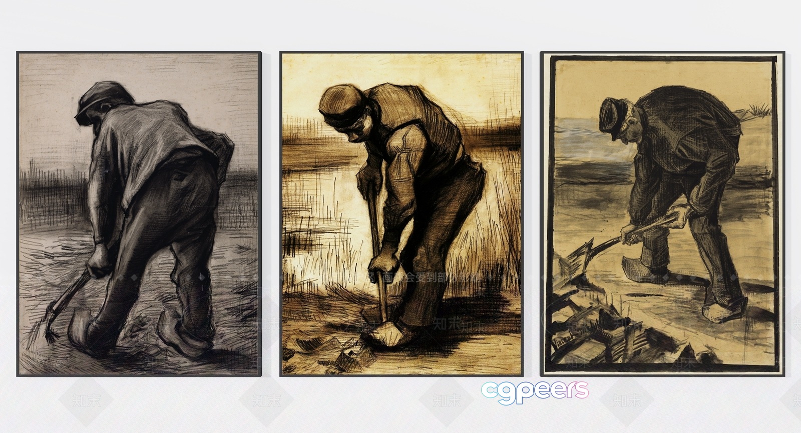 Three Men Digging In A Field 3D Model - 10570 - VRAY Render