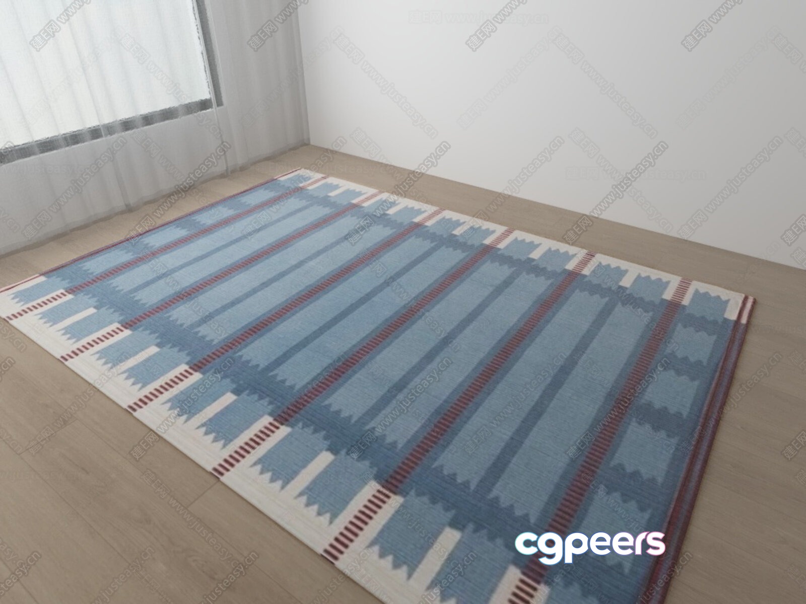 A Blue And White Rug With Red Accents 3D Model - 6474 - VRAY Render