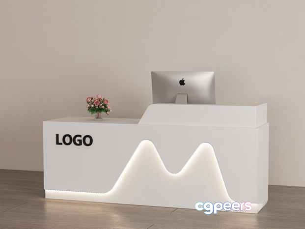 A White Desk With A Computer And Flowers 3D Model - 13231 - VRAY Render