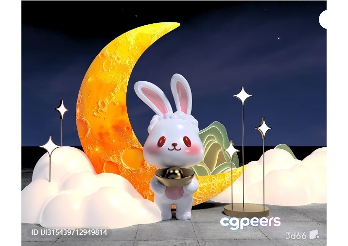 A Cartoon Rabbit Stands In Front Of A Crescent Moon 3D Model - 9417 - VRAY Render A Cartoon Rabbit Stands In Front Of A Crescent Moon 3D Model - 9417 - VRAY Render