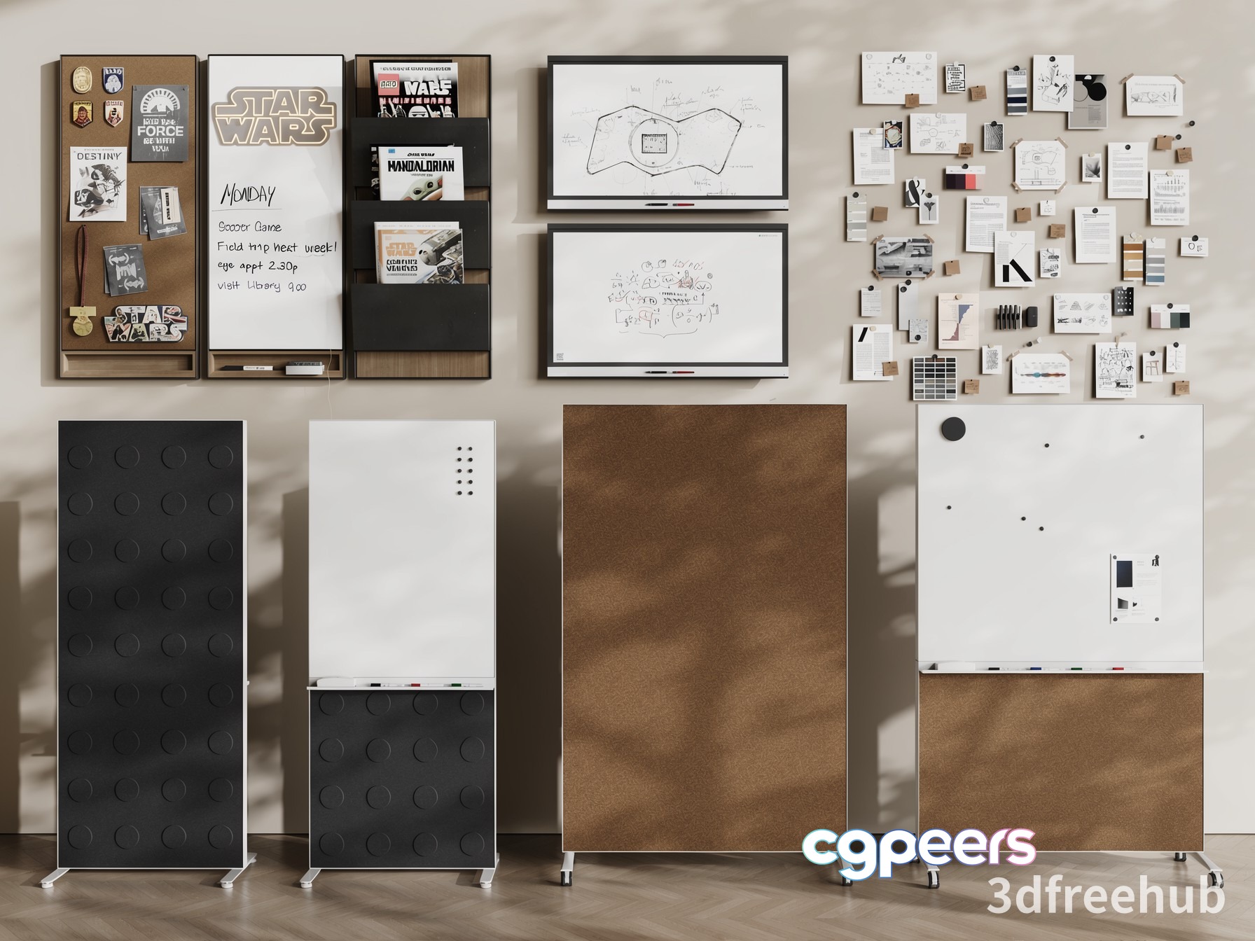 A Wall With Various Office Supplies 3D Model - 23595 - VRAY Render