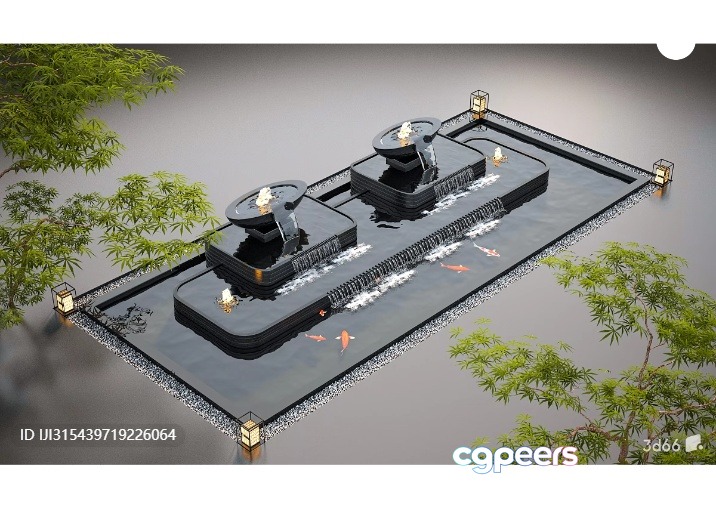 A Serene 3D Rendering Of A Pond With A Fountain 3D Model - 6824 - VRAY Render