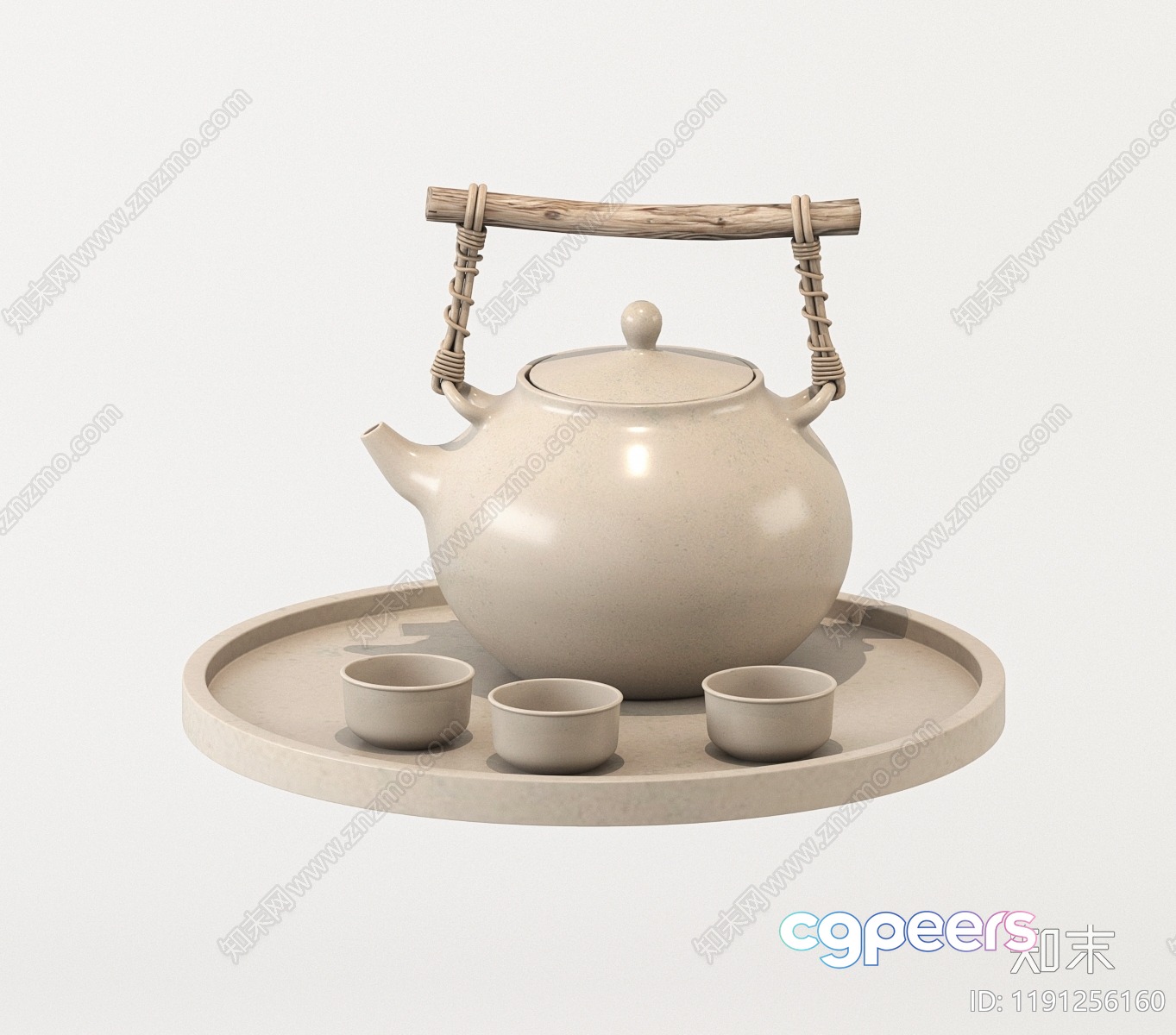 A Beige Teapot And Cups 3D Model - 12192 - VRAY Render