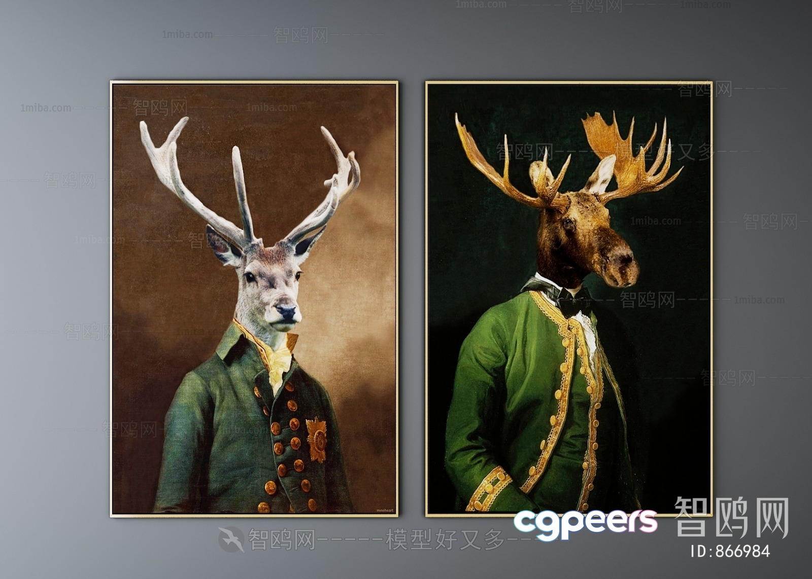 A Pair Of Portraits Of A Deer And A Moose In Green Coats 3D Model - 3744 - VRAY Render A Pair Of Portraits Of A Deer And A Moose In Green Coats 3D Model - 3744 - VRAY Render