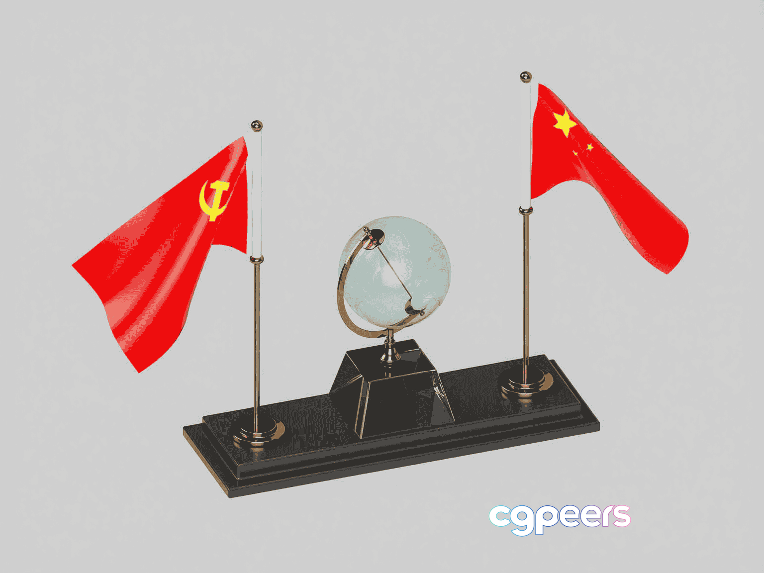 A Table With A Glass Globe And Two Flags 3D Model - 15775 - VRAY Render