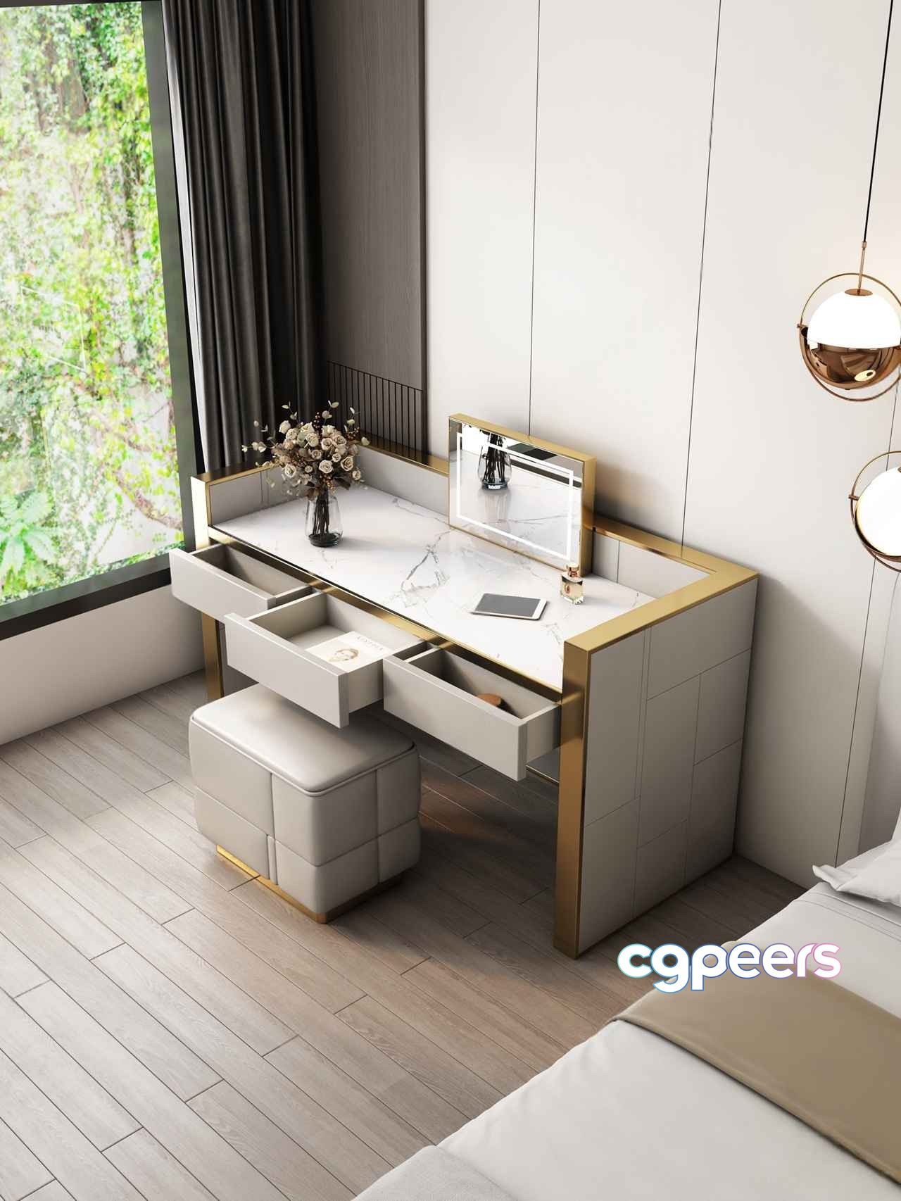 Modern White Vanity With Gold Accents 3D Model - 985 - VRAY Render