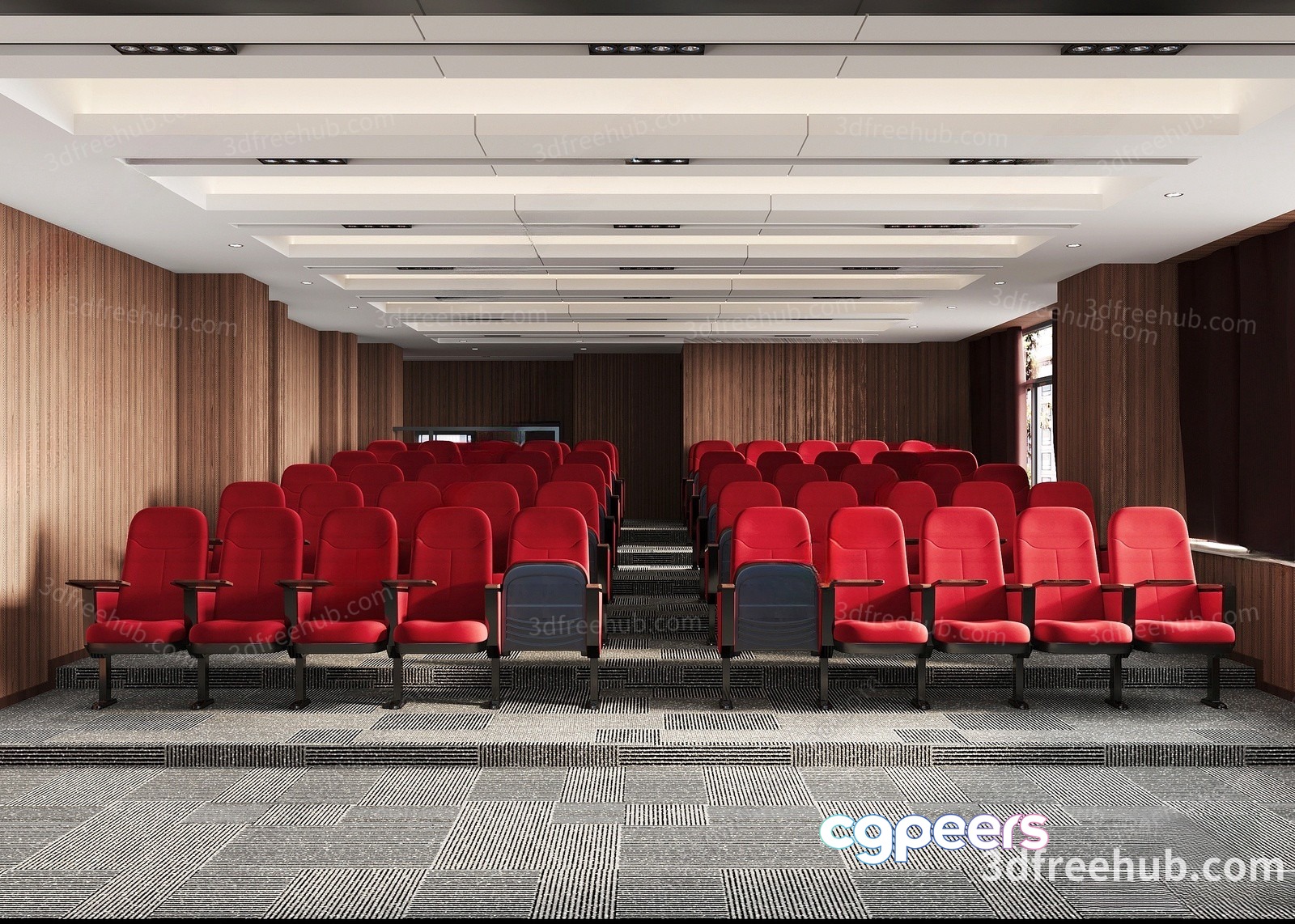 A Large Auditorium With Red Chairs 3D Model - 23510 - VRAY Render A Large Auditorium With Red Chairs 3D Model - 23510 - VRAY Render