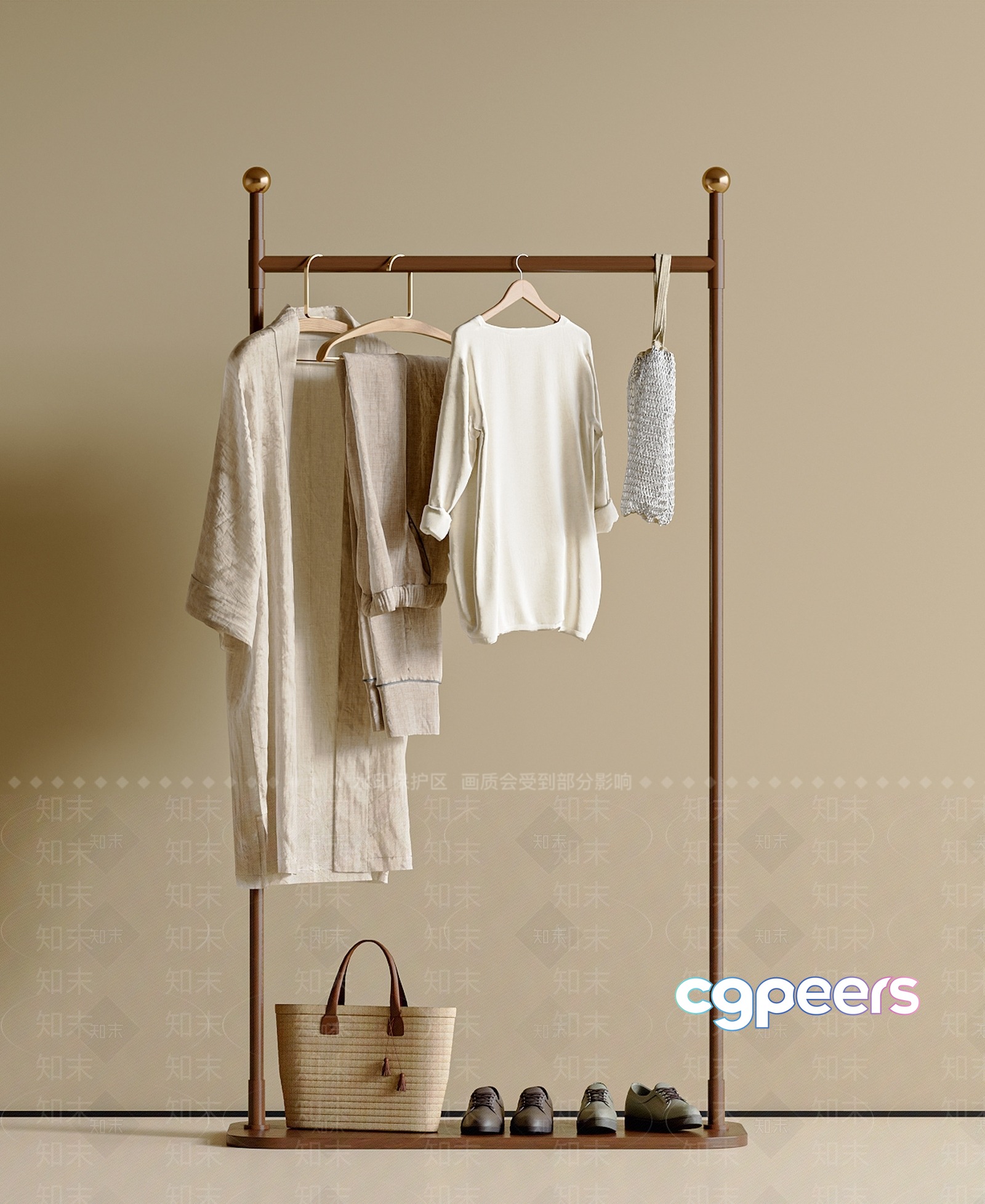 A Clothing Rack With Various Items Of Clothing And Shoes 3D Model - 1075 - VRAY Render A Clothing Rack With Various Items Of Clothing And Shoes 3D Model - 1075 - VRAY Render