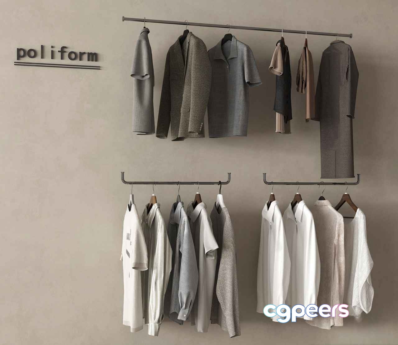 A Clothing Rack With Various Shirts 3D Model - 12539 - VRAY Render