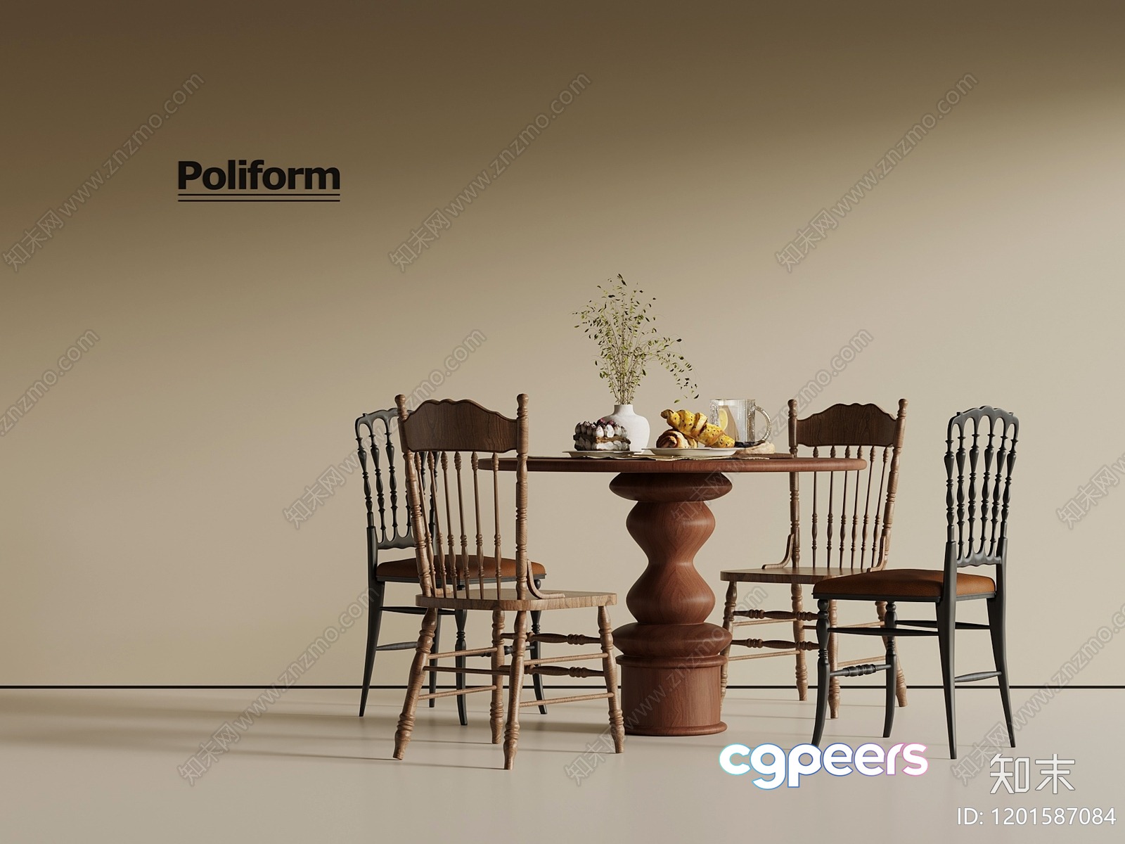 A Wooden Dining Table With Four Chairs 3D Model - 14582 - VRAY Render