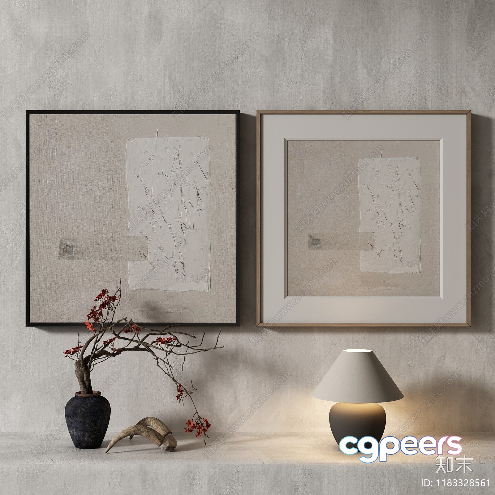 A Neutral-Toned Room With A Table Lamp And Framed Artwork 3D Model - 18623 - VRAY Render A Neutral-Toned Room With A Table Lamp And Framed Artwork 3D Model - 18623 - VRAY Render