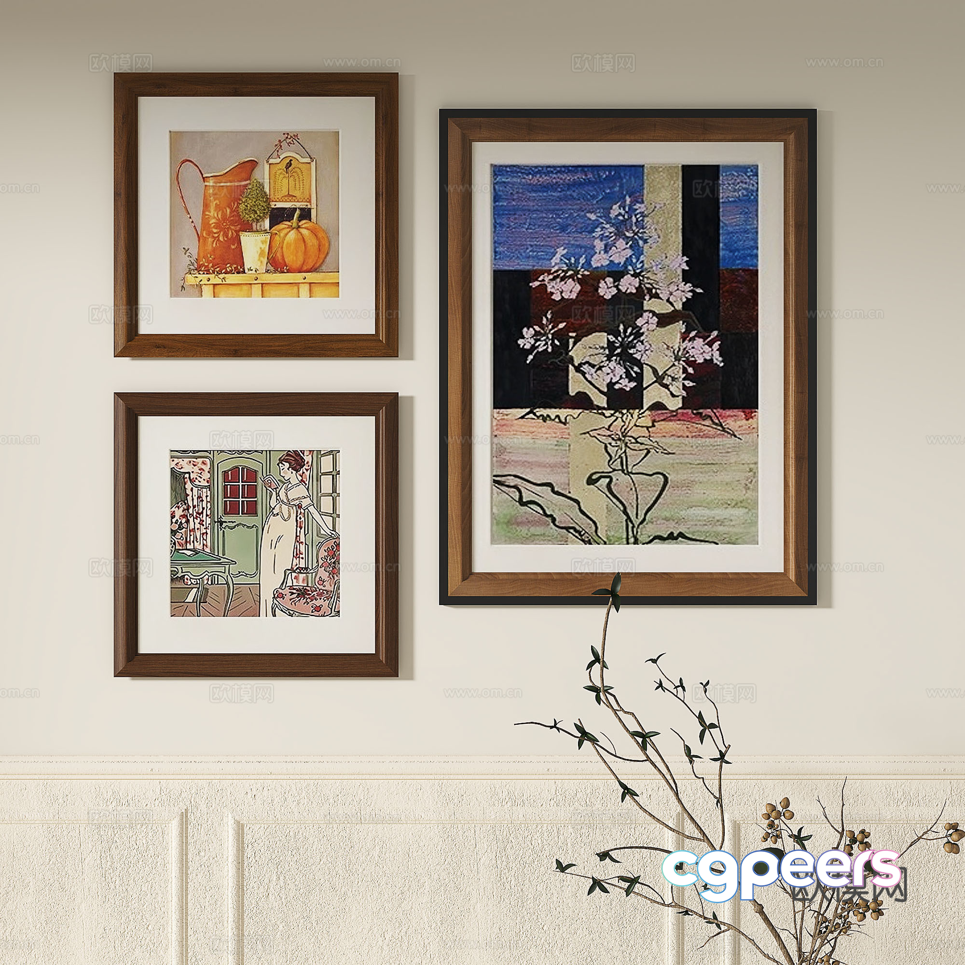 Artwork In Brown Frames 3D Model - 3461 - VRAY Render