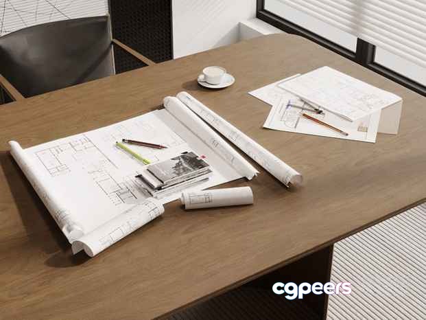A Desk With Drafting Supplies 3D Model - 1732 - CORONA Render