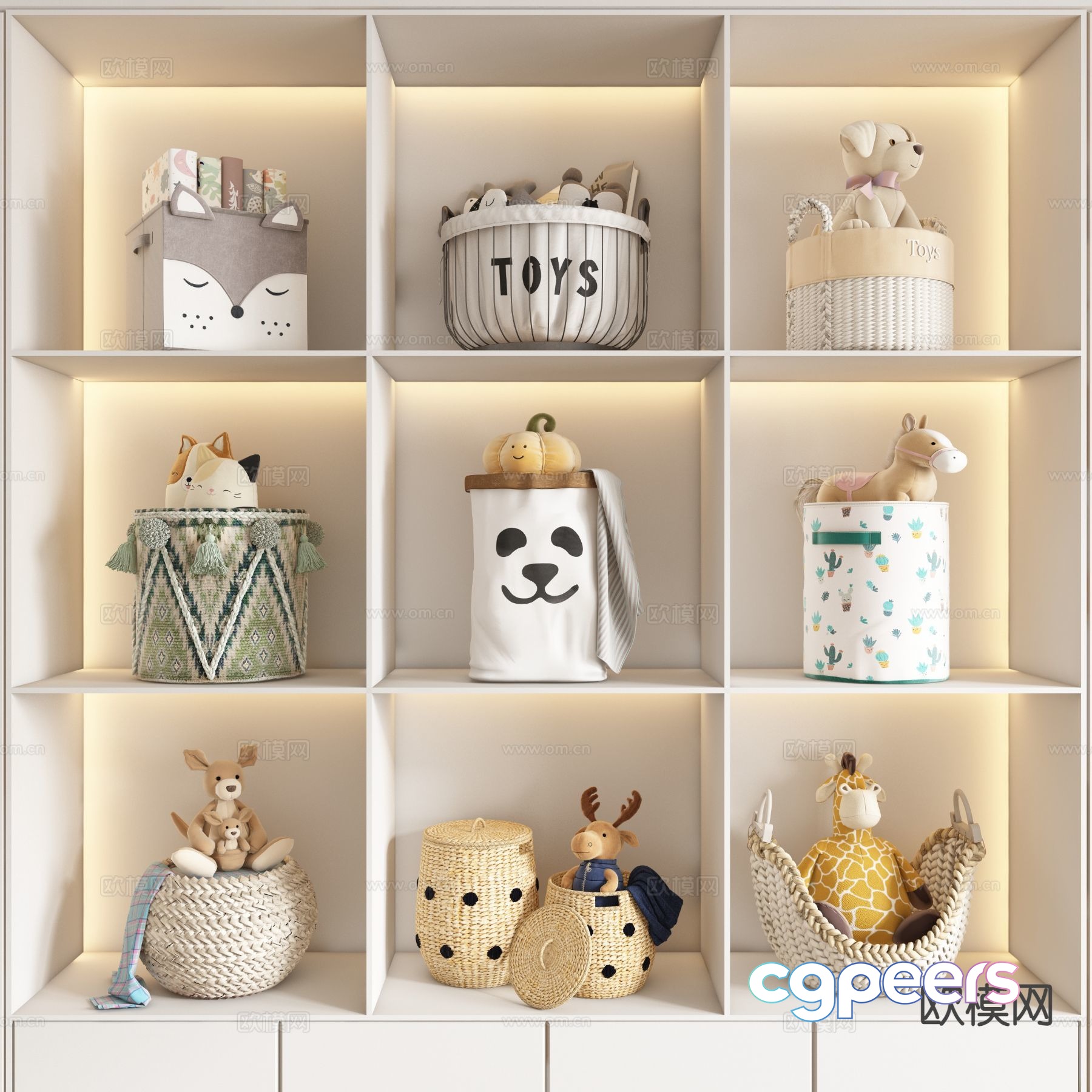 A White Toy Shelf With Various Toys And Storage Baskets 3D Model - 15919 - VRAY Render A White Toy Shelf With Various Toys And Storage Baskets 3D Model - 15919 - VRAY Render