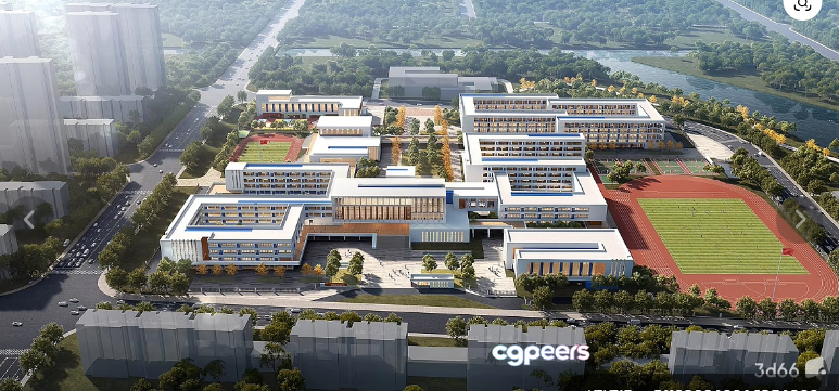 Aerial View Of A Large Building Complex With A Track And Field 3D Model - 17496 - VRAY Render