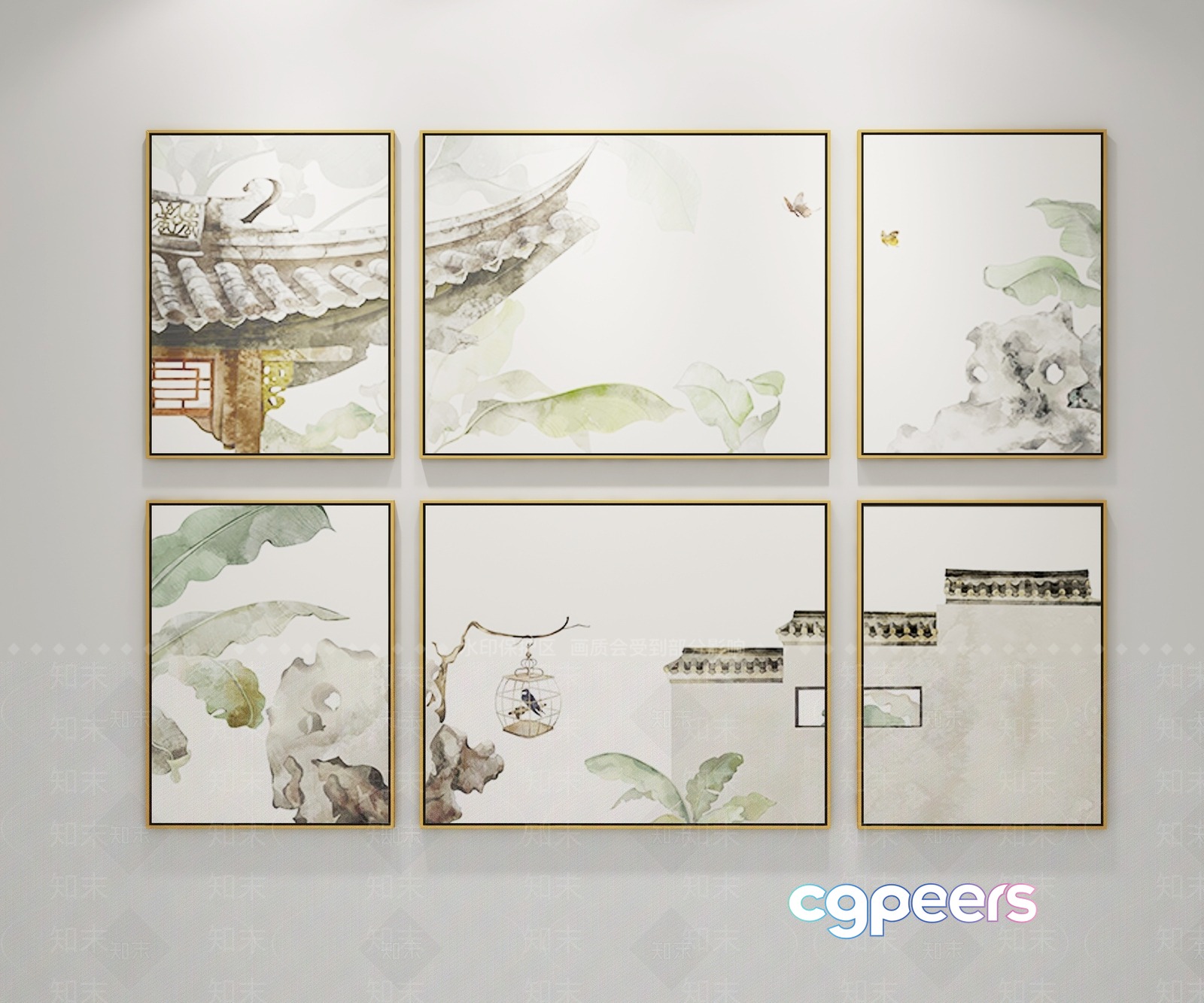 A Collection Of Six Paintings In Gold Frames 3D Model - 17225 - VRAY Render