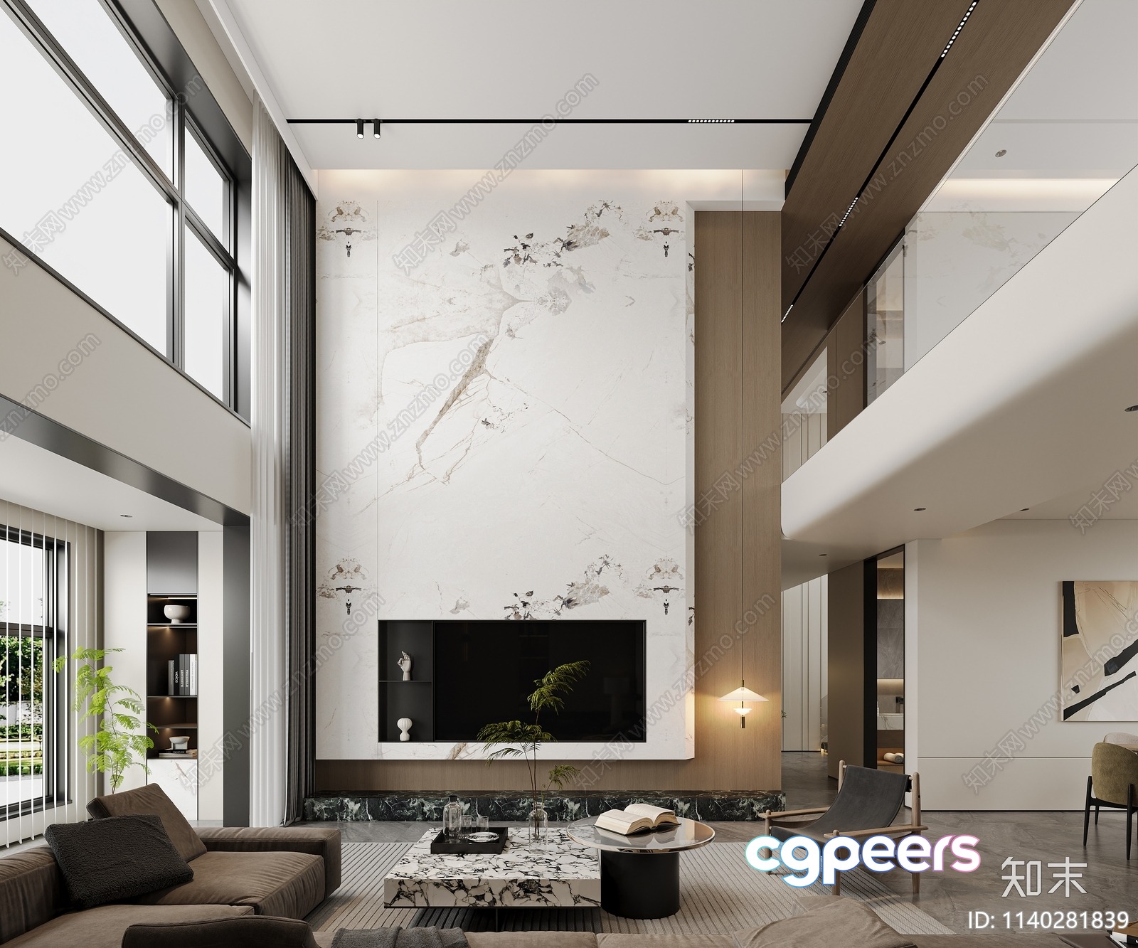 Modern High-Ceilinged Living Room 3D Model - 10628 - VRAY Render