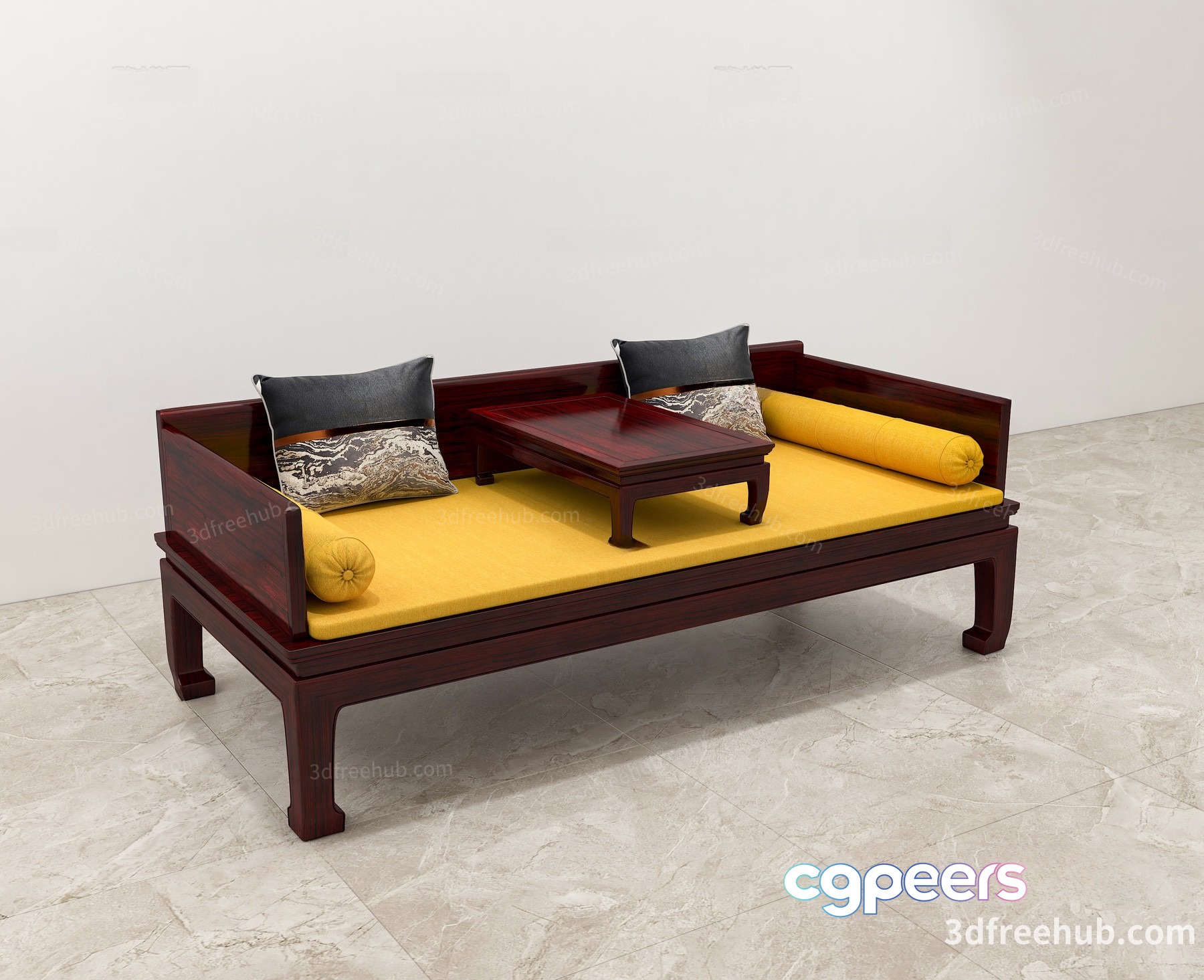 A Wooden Daybed With Yellow Cushions 3D Model - 21495 - VRAY Render
