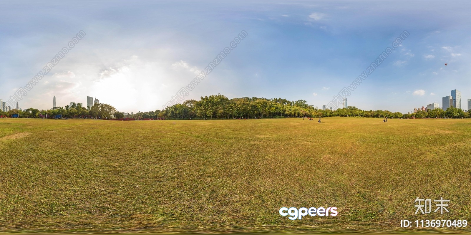 A Grassy Field With A City Skyline In The Background 3D Model - 10076 - VRAY Render