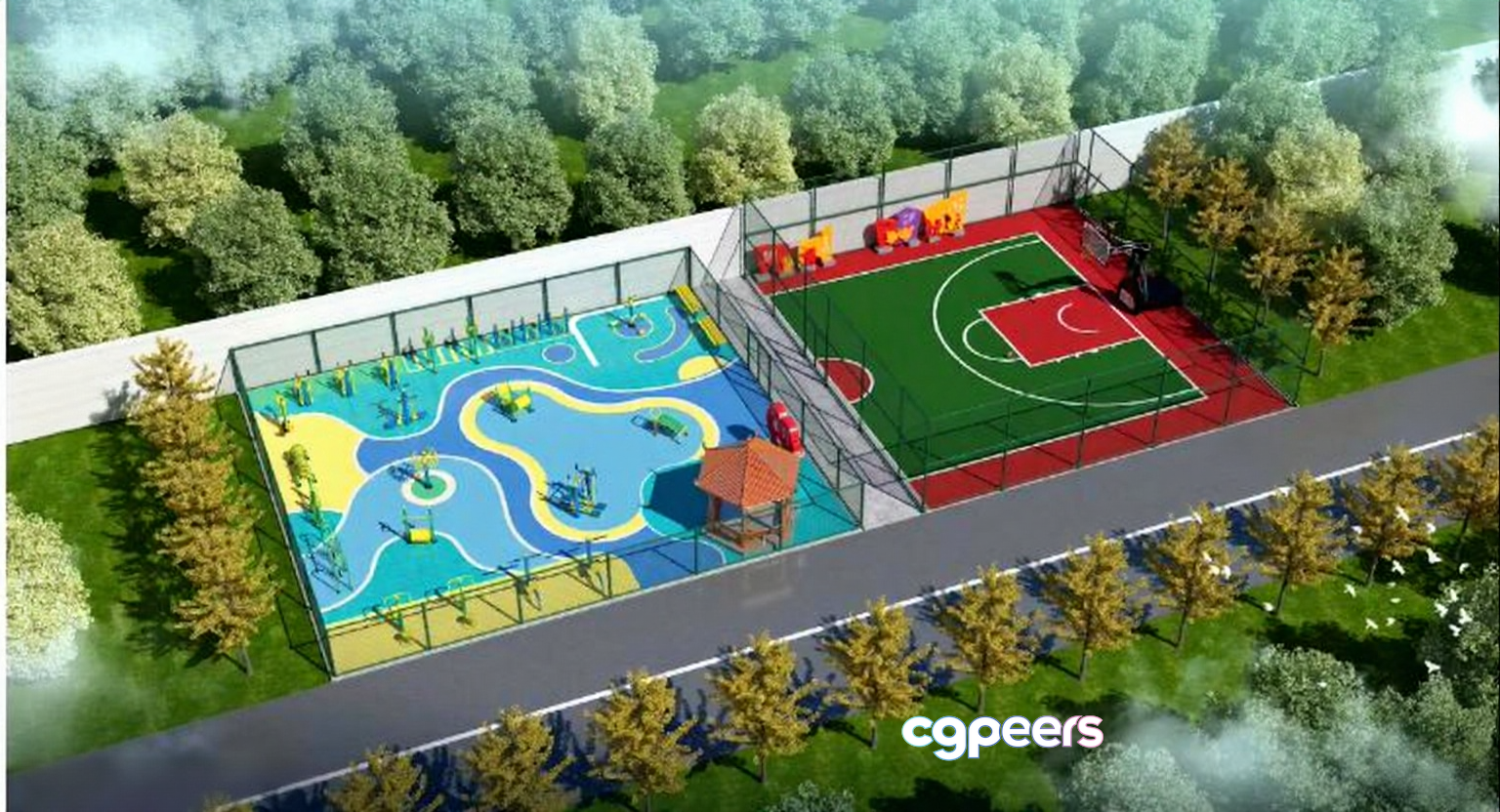 A Playground With A Basketball Court 3D Model - 10710 - VRAY Render